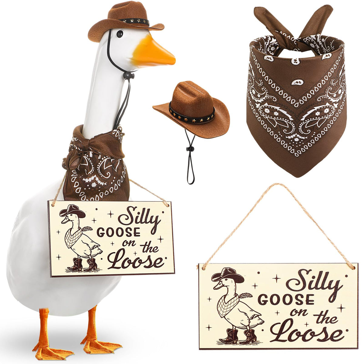 Silicherry front view of full cowboy goose set showing playful western look