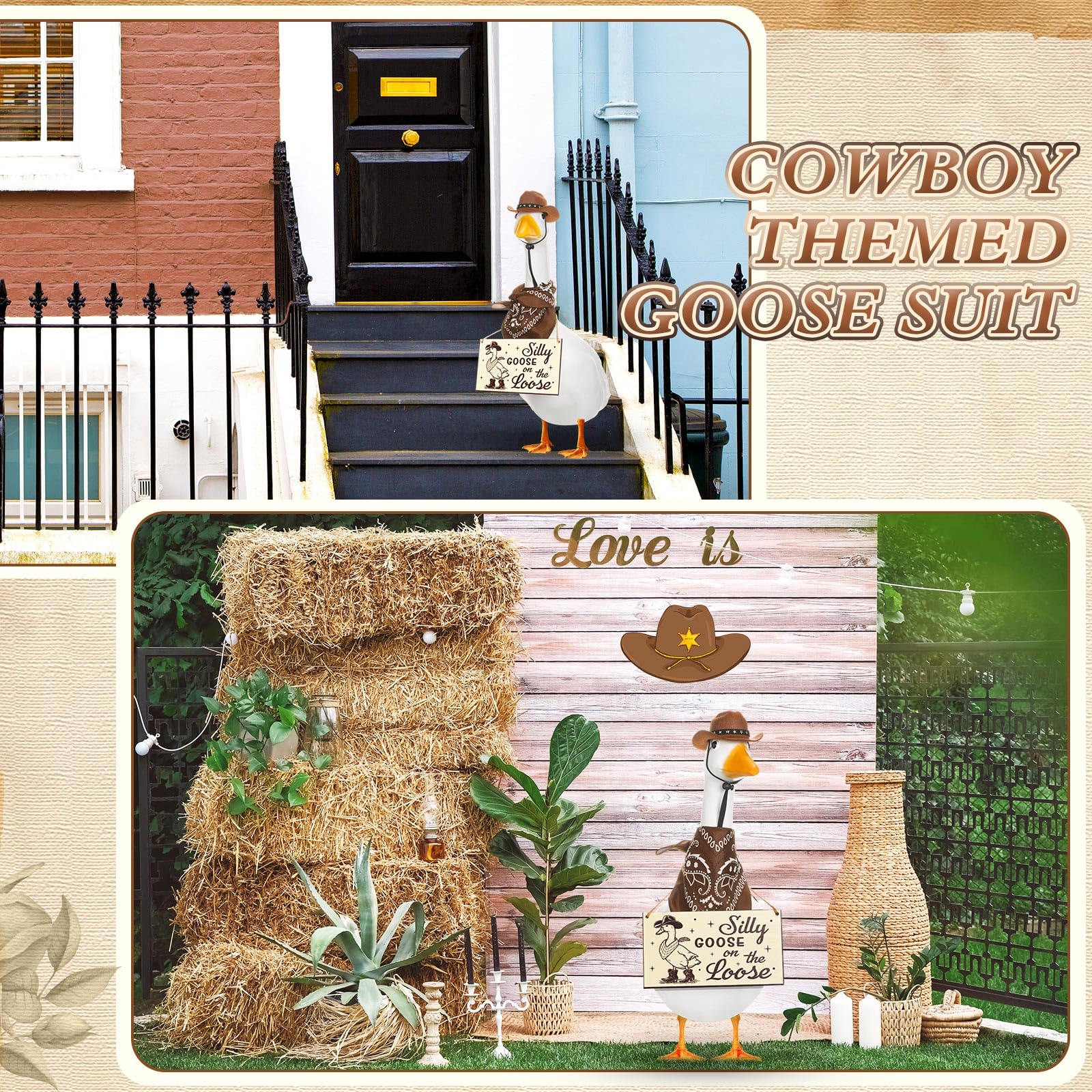 Silicherry dressed lawn goose on porch creating charming western display