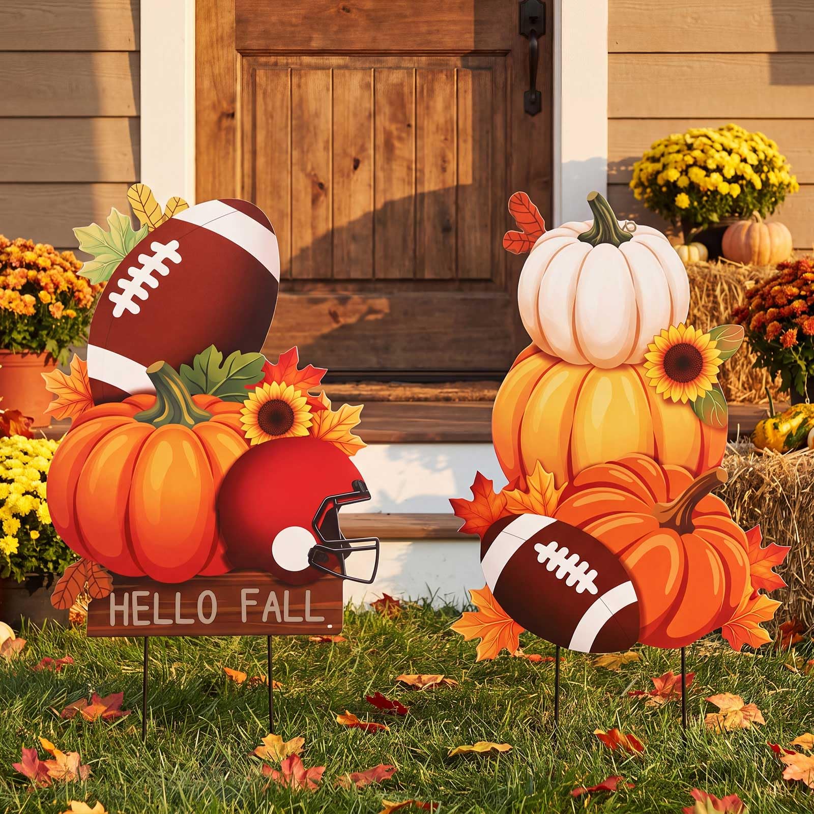 SiliFine front view of both fall yard signs showing festive colors and benefit of curb appeal