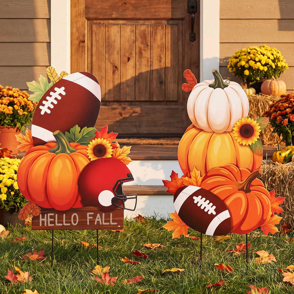 SiliFine front view of both fall yard signs showing festive colors and benefit of curb appeal