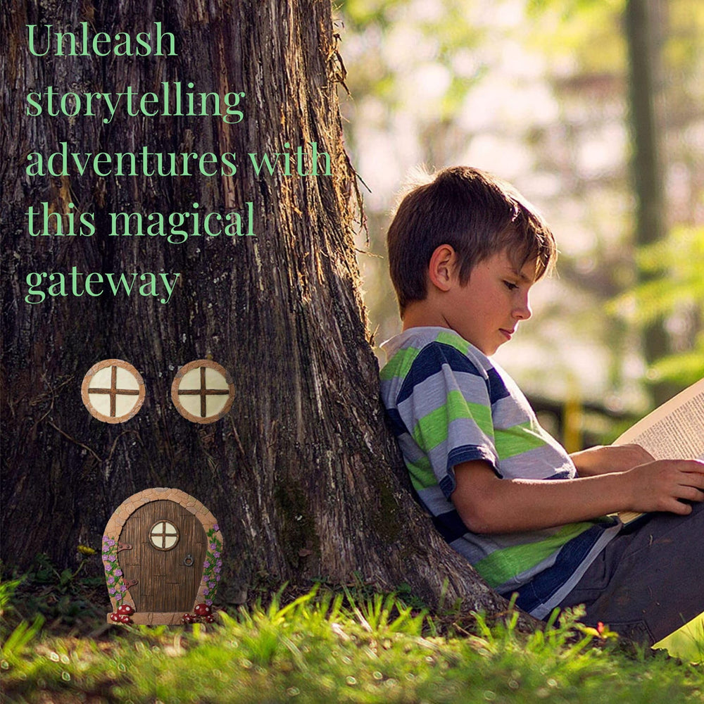 Simple Creativity fairy door attached to tree creating magical outdoor scene