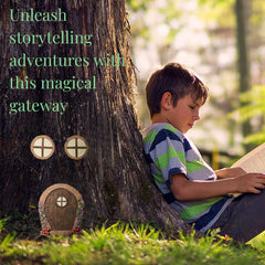 Simple Creativity fairy door attached to tree creating magical outdoor scene