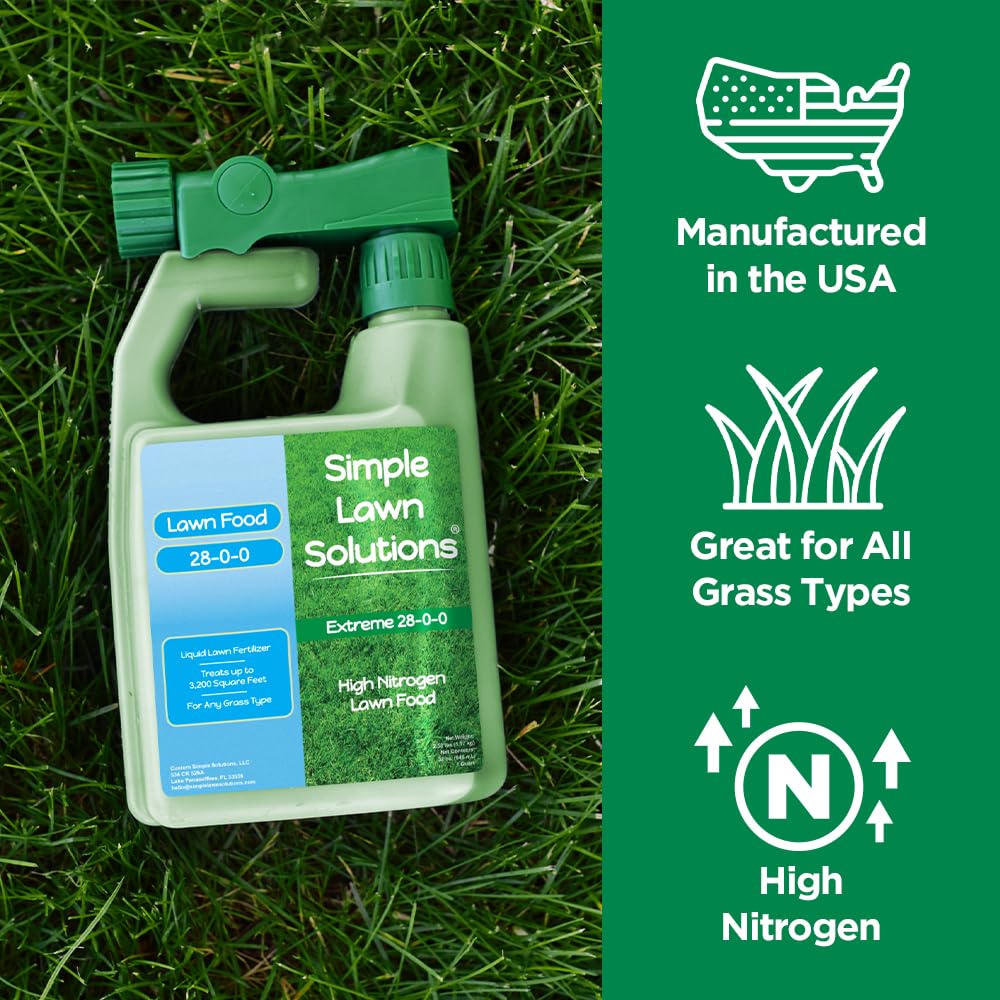 Simple Lawn Solutions bottle in hand showing 32-ounce scale and portability