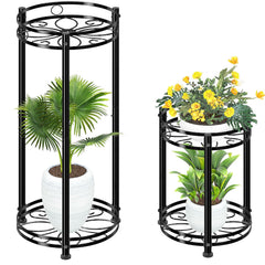 Simple Trending front view of two black round plant stands showing layered display benefit