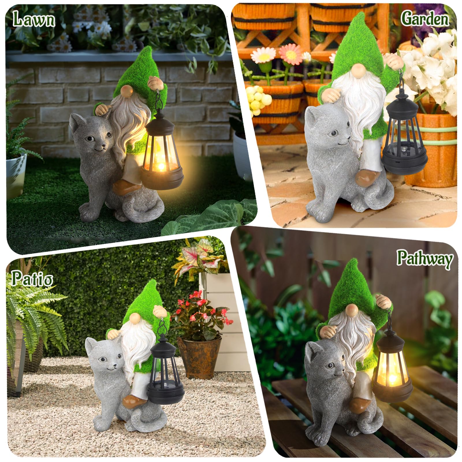 Sinhra gnome lantern lit at night radiating warm garden light