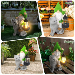 Sinhra gnome lantern lit at night radiating warm garden light