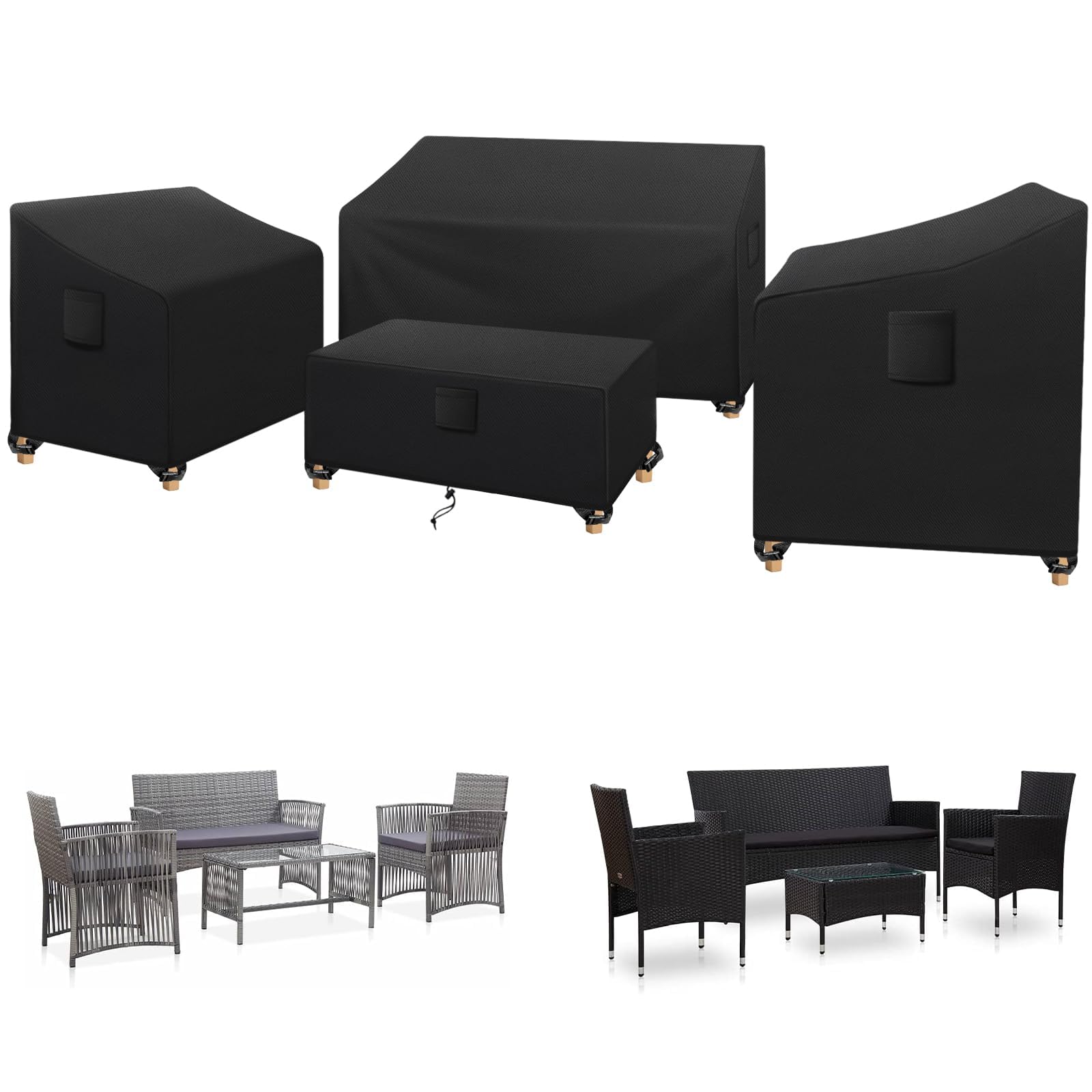 SIRUITON front view of all four covers protecting patio set for lasting outdoor care
