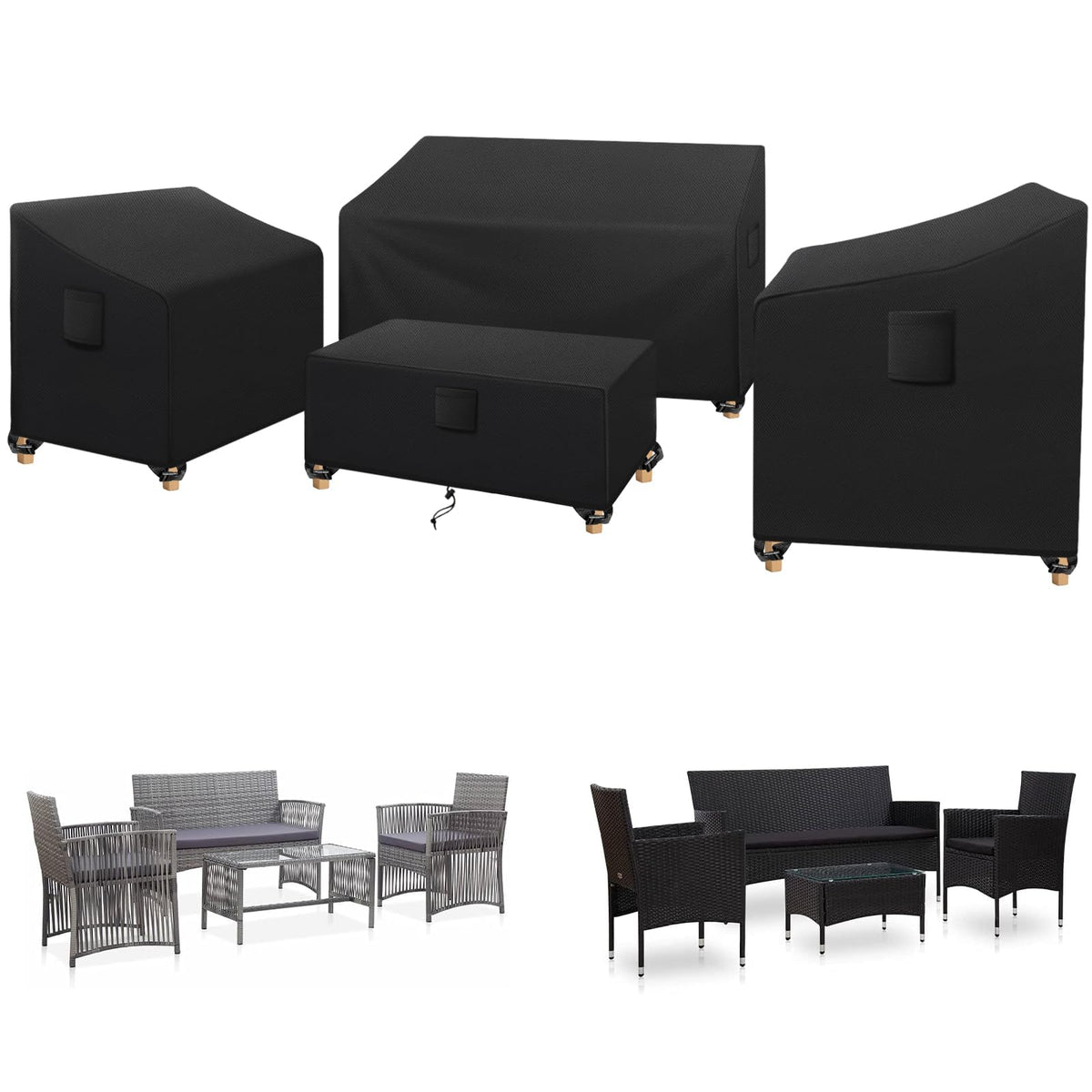 SIRUITON front view of all four covers protecting patio set for lasting outdoor care
