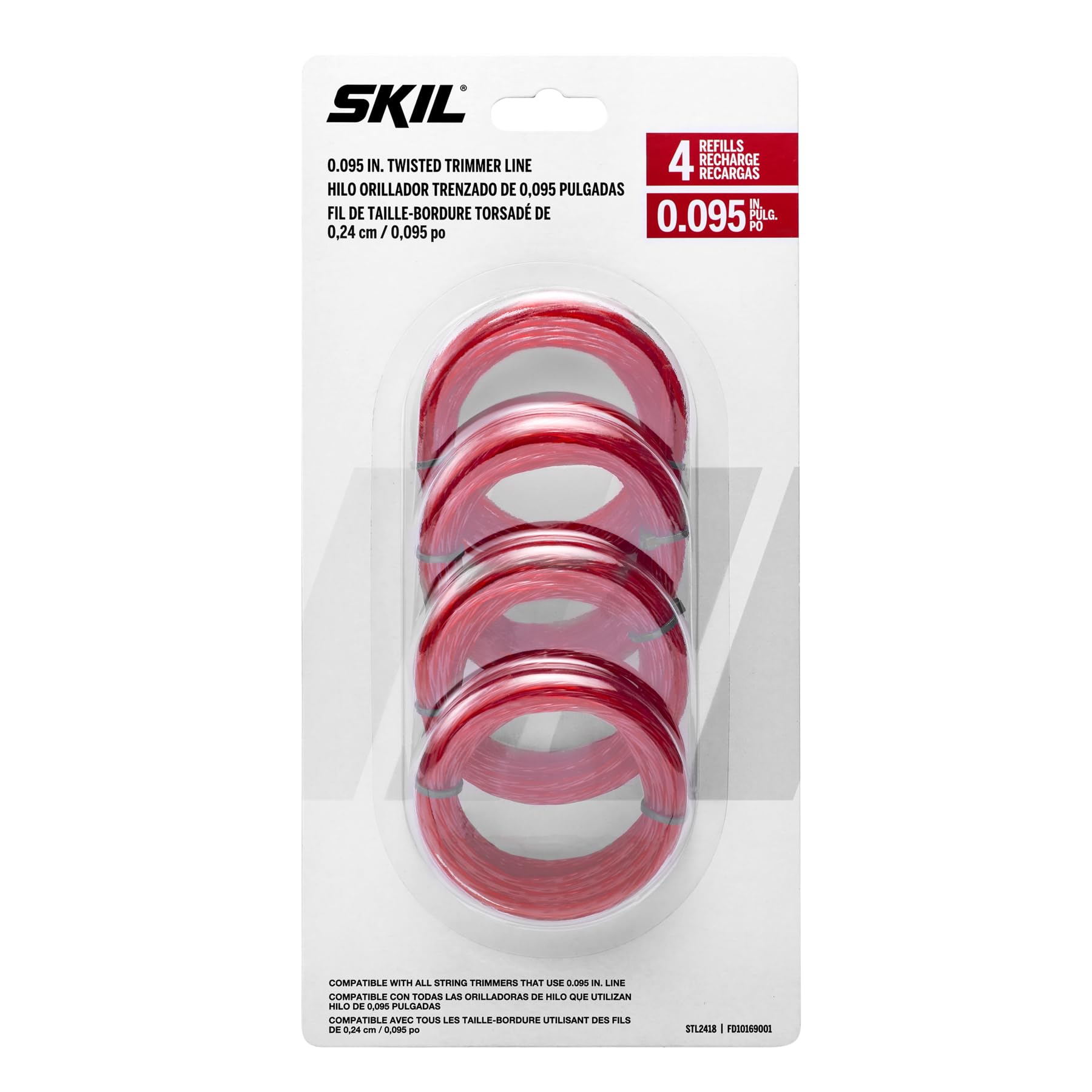 Skil front packaging showing .095-inch twisted trimmer line and four pre-cut coils for quick reloads