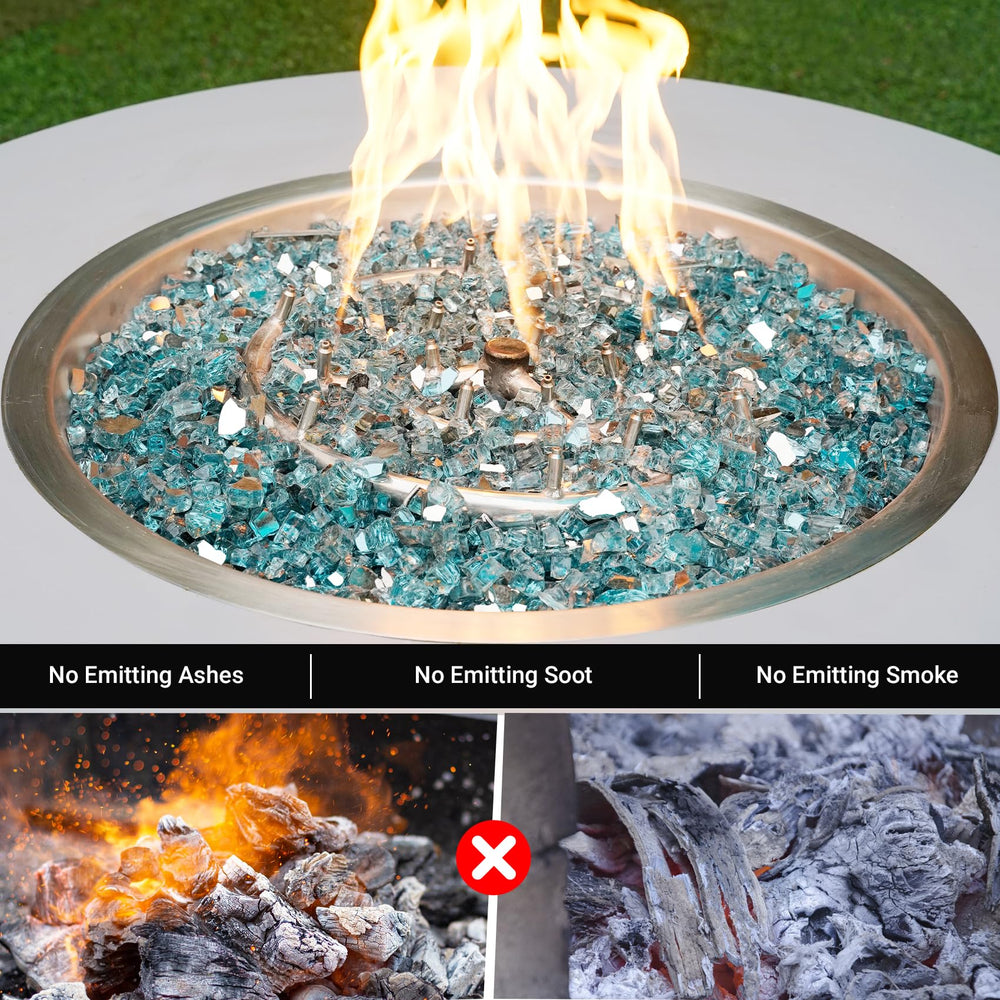 Skyflame glass in fire pit at night producing brighter, cleaner flames