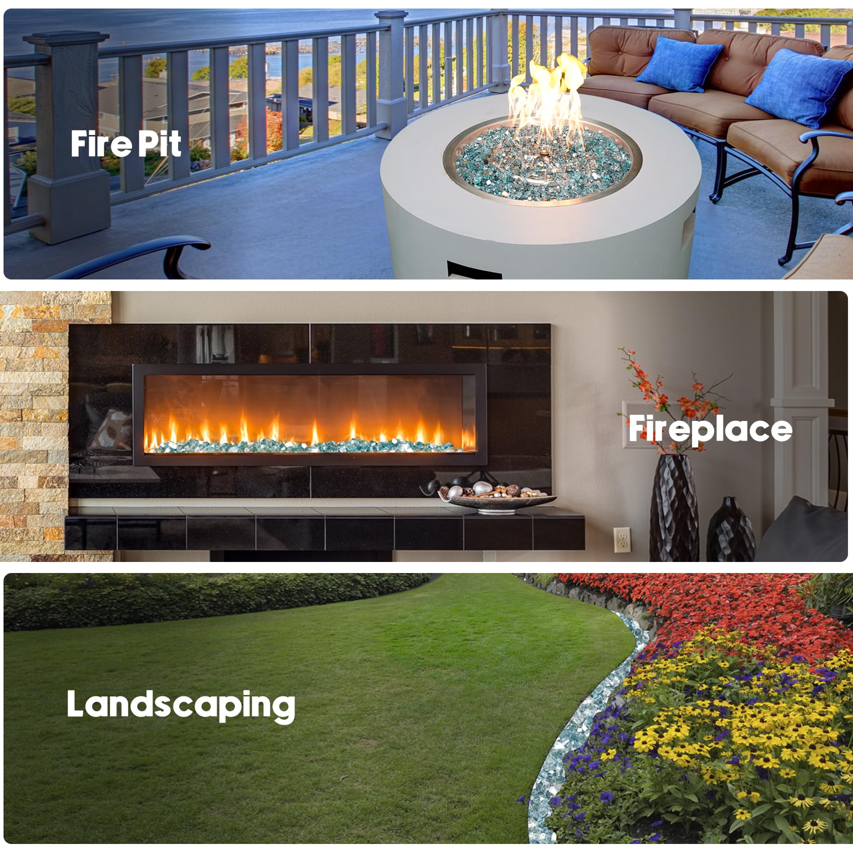 Skyflame glass mixed with landscaping elements for decorative benefit