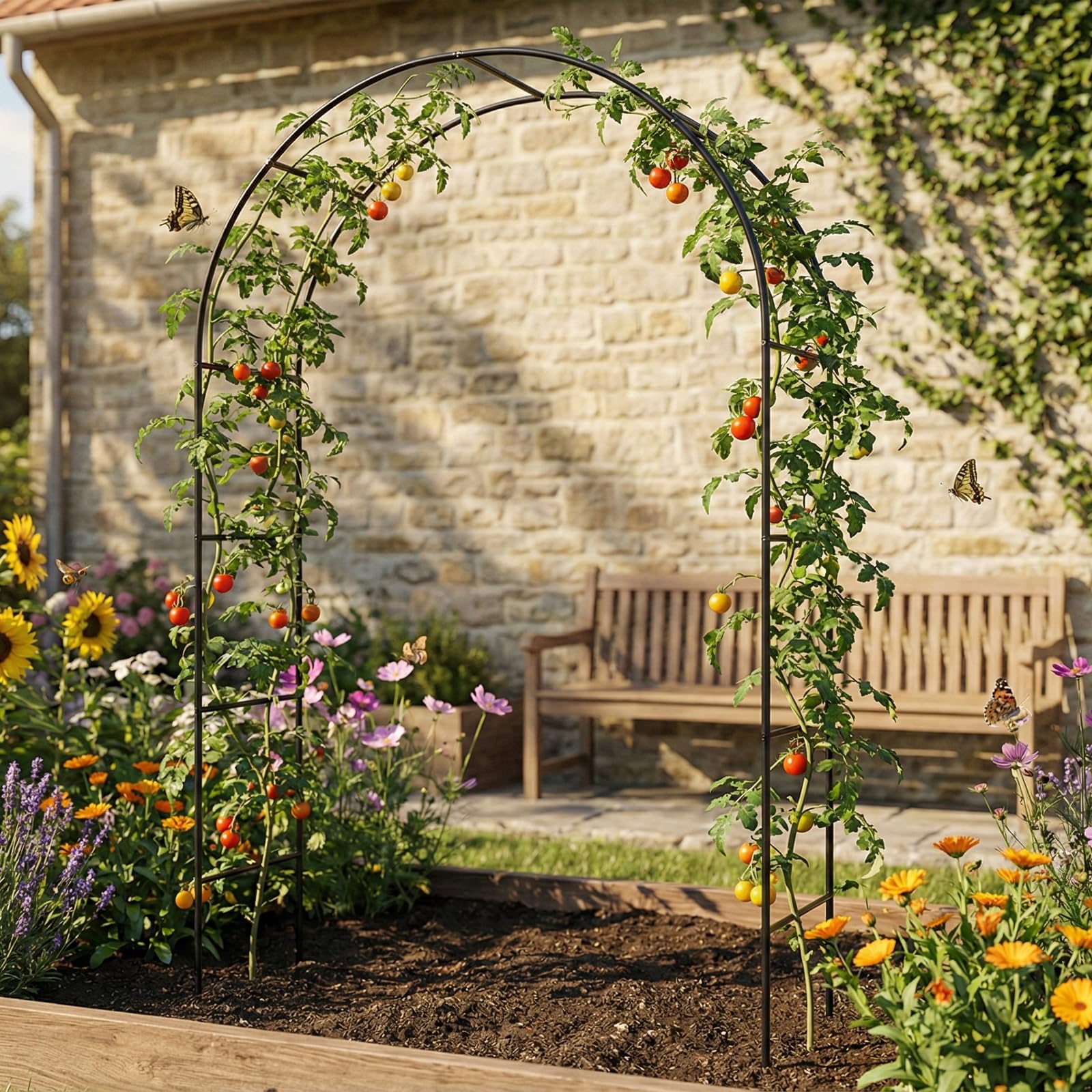 Skypatio arbor in garden with climbing roses enhancing visual appeal