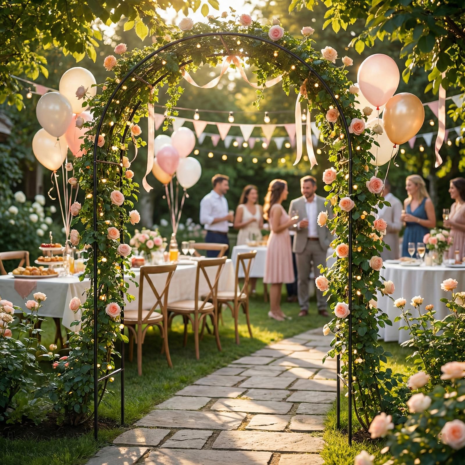 Skypatio arbor used as wedding backdrop creating photo-ready setting