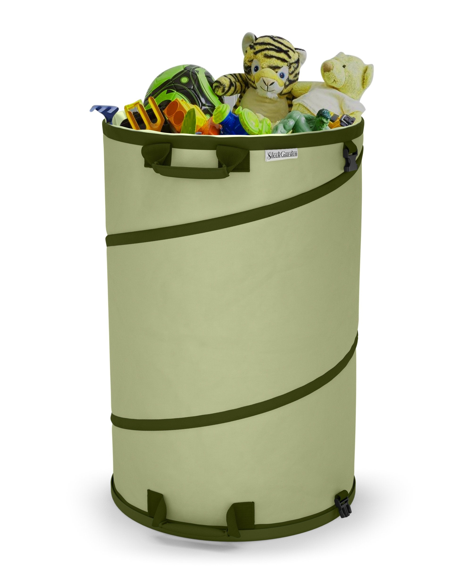 Sleek Garden beside standard garbage can showing 30-gallon size comparison