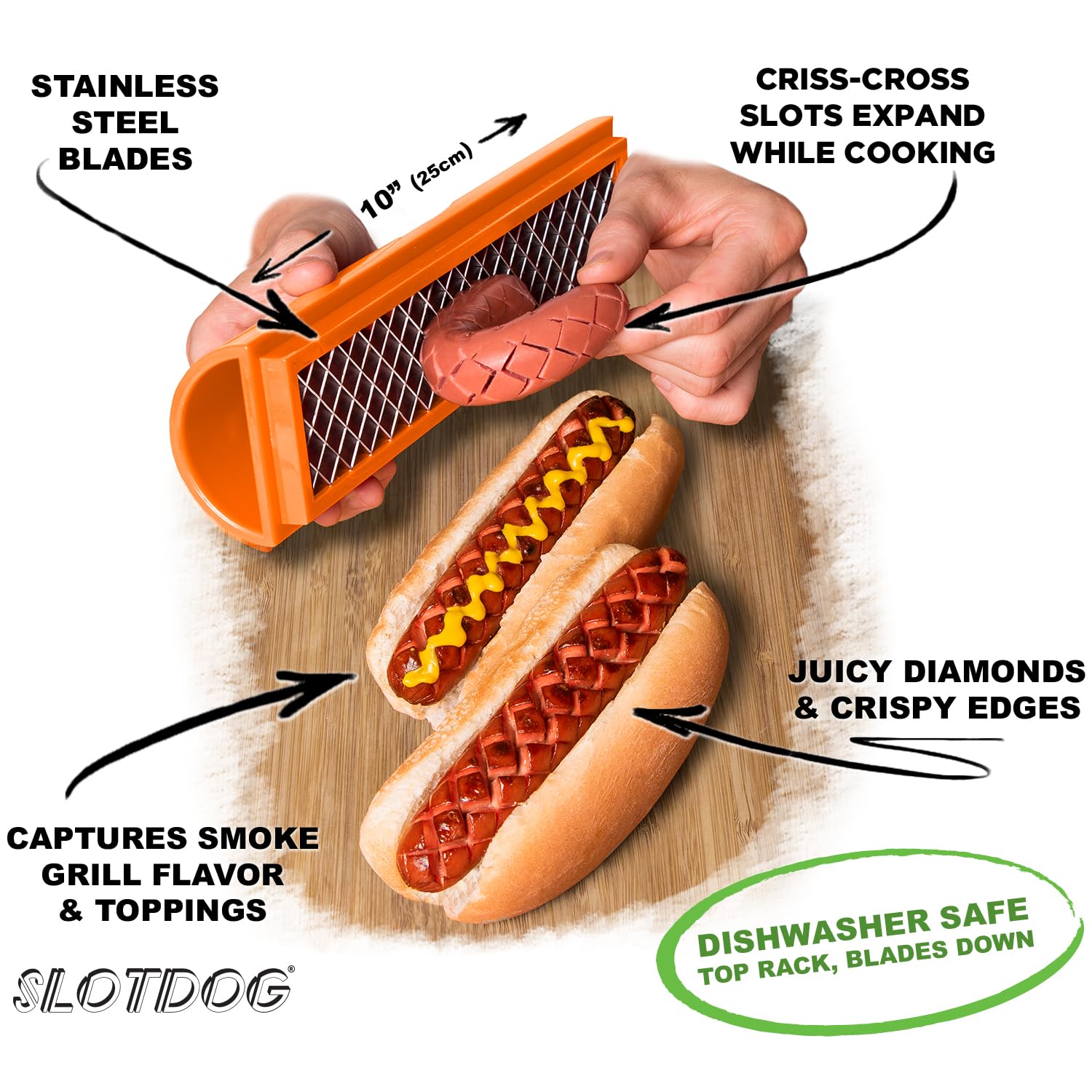 SLOTDOG blade detail close-up showing patent cuts for consistent flavor absorption