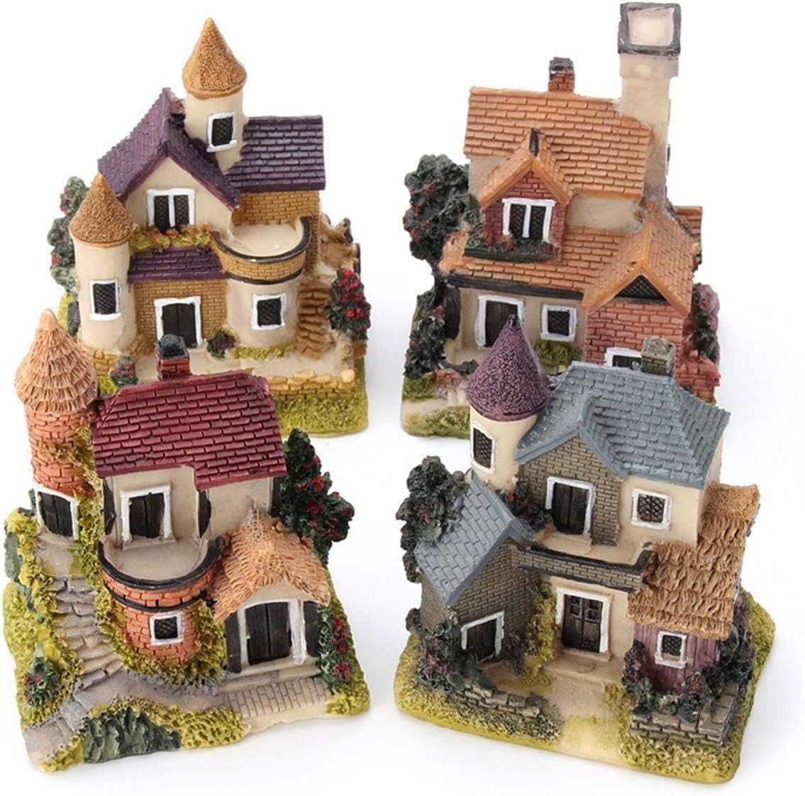 Smowfes front view of four resin fairy houses showing vibrant colors and whimsical design benefits