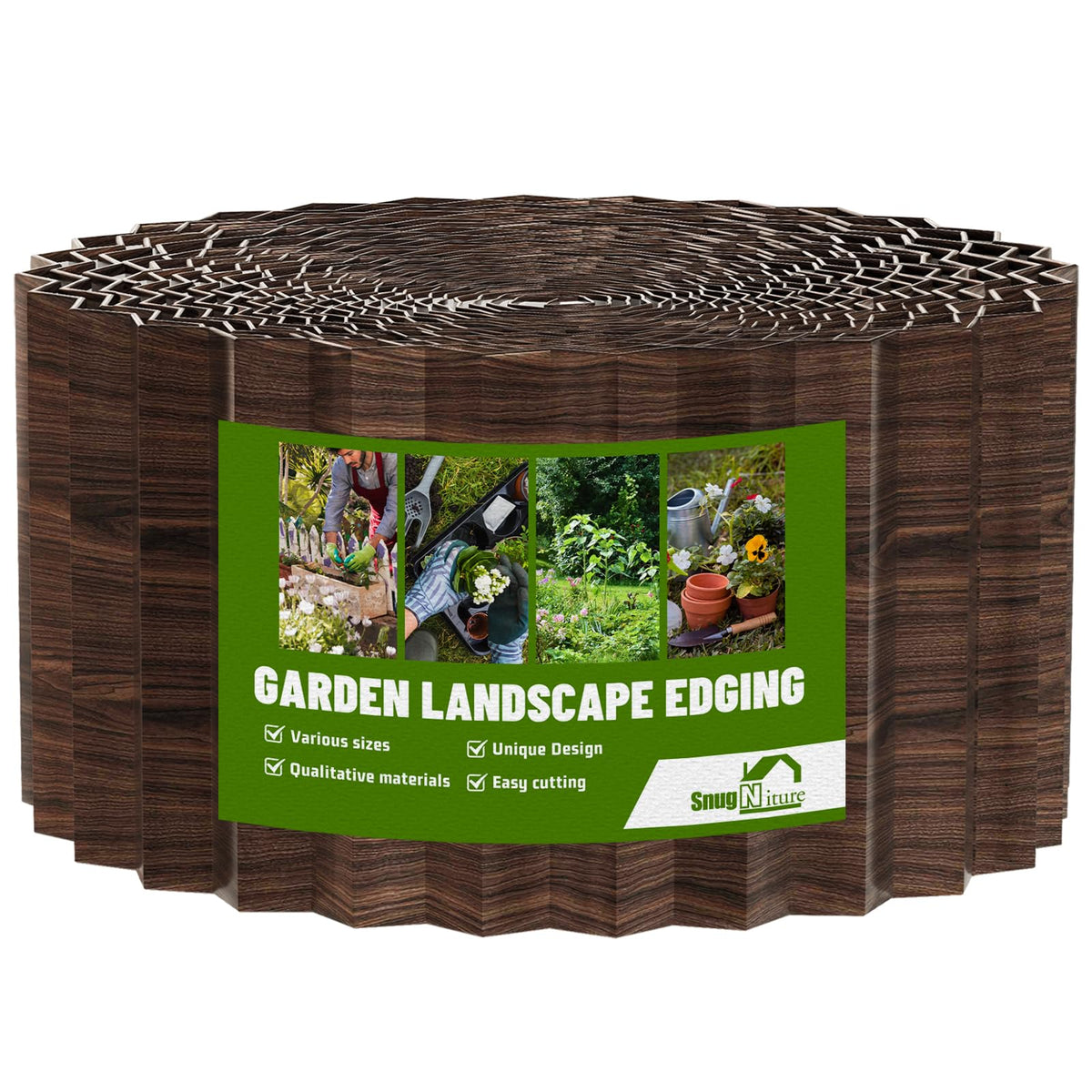 SnugNiture front view of packaged brown metal edging showing full roll benefit