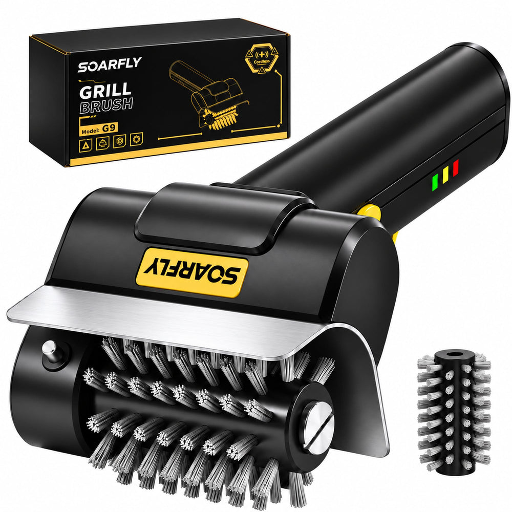SOARFLY front view showing compact cordless grill brush and ergonomic handle for convenience