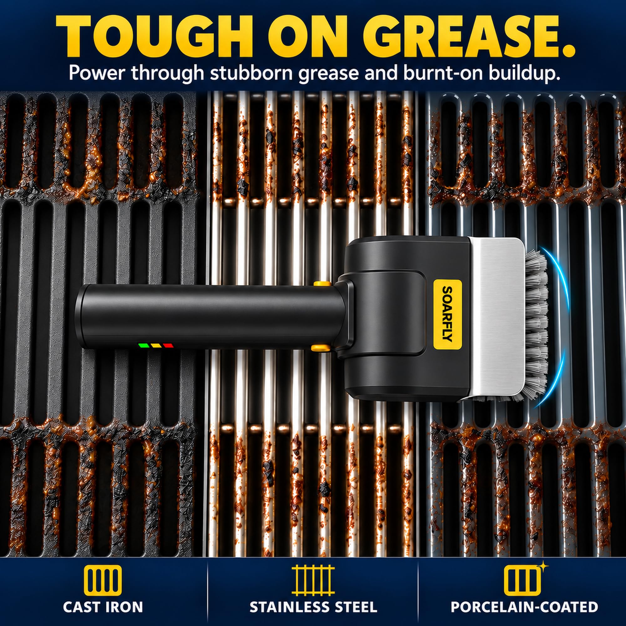 SOARFLY cleaning grill grates in use showing fast removal of burnt-on food