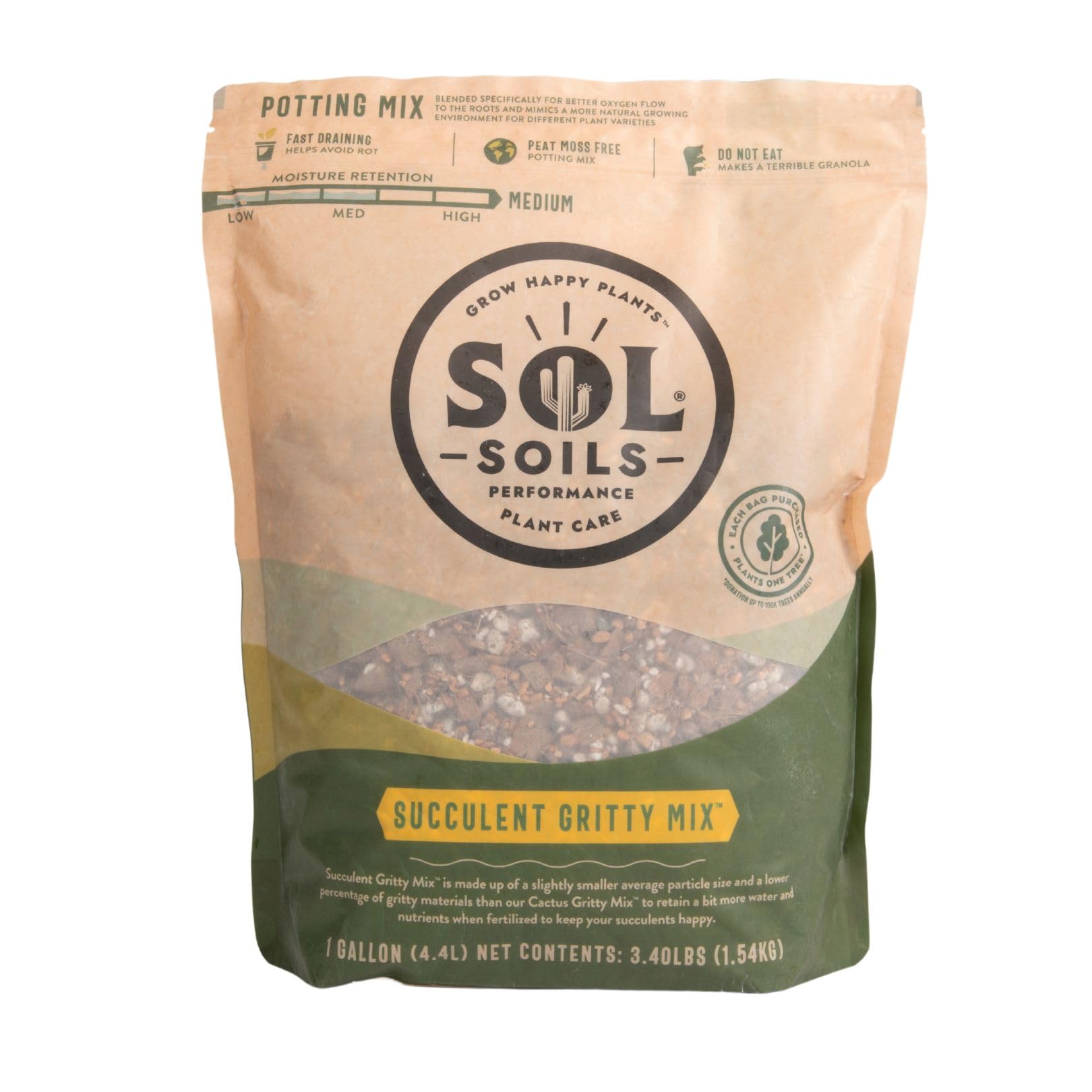 sol soils front packaging showing 1-gallon bag and branding with clear benefit