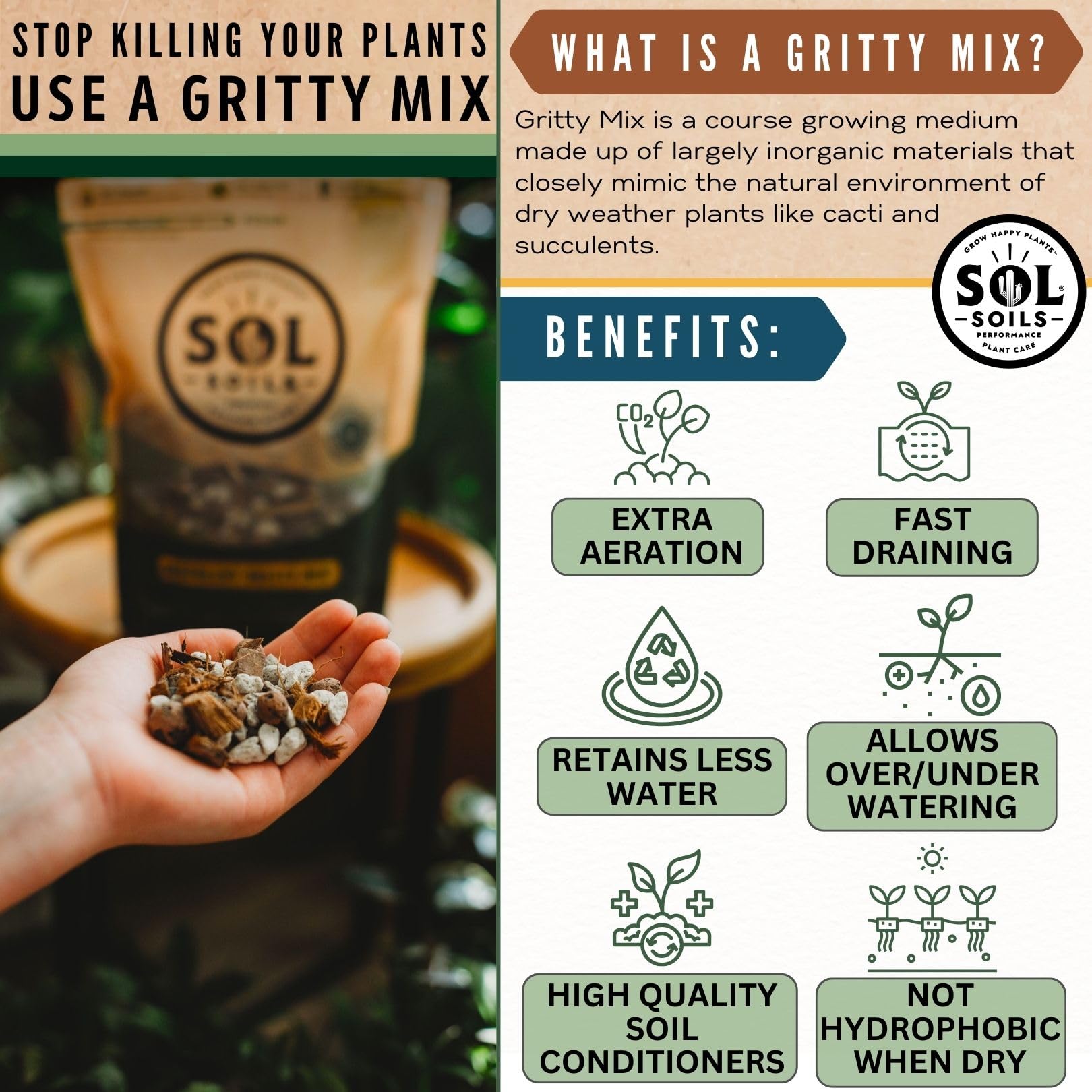 sol soils label showing ingredients list and eco-friendly benefit