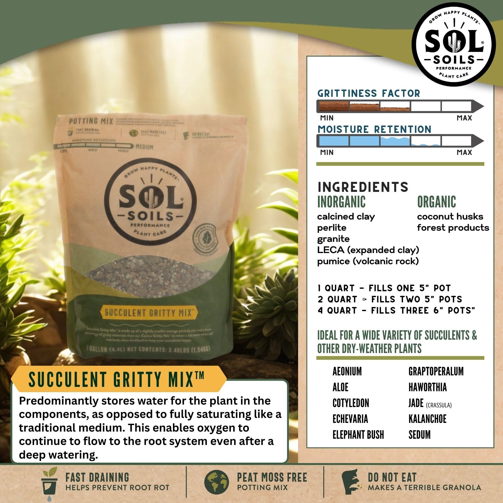 sol soils 1-gallon bag next to hand for scale and easy repotting convenience