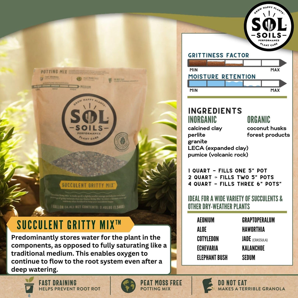 sol soils 1-gallon bag next to hand for scale and easy repotting convenience