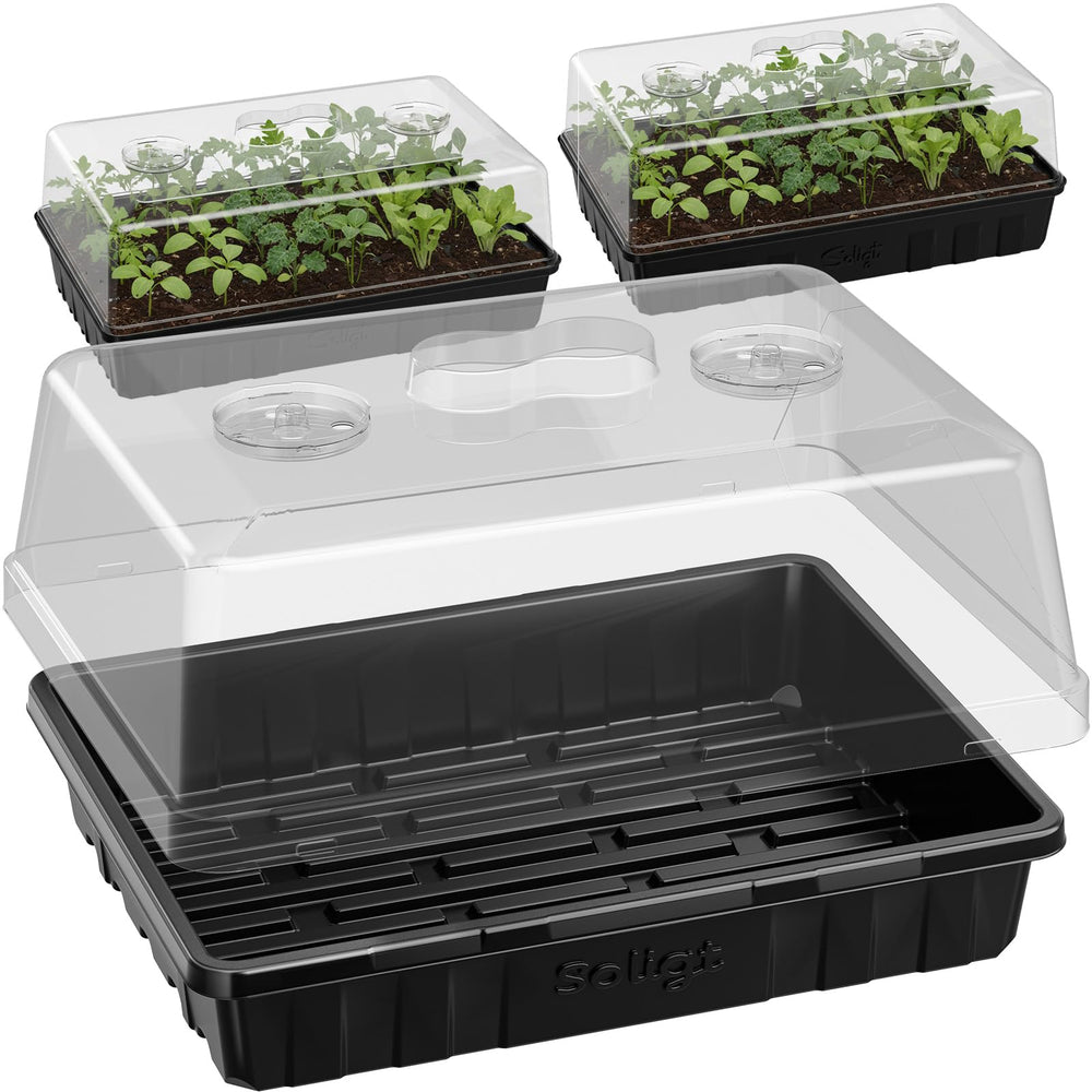 SOLIGT front view of tray and dome showing organized seed starts and protection