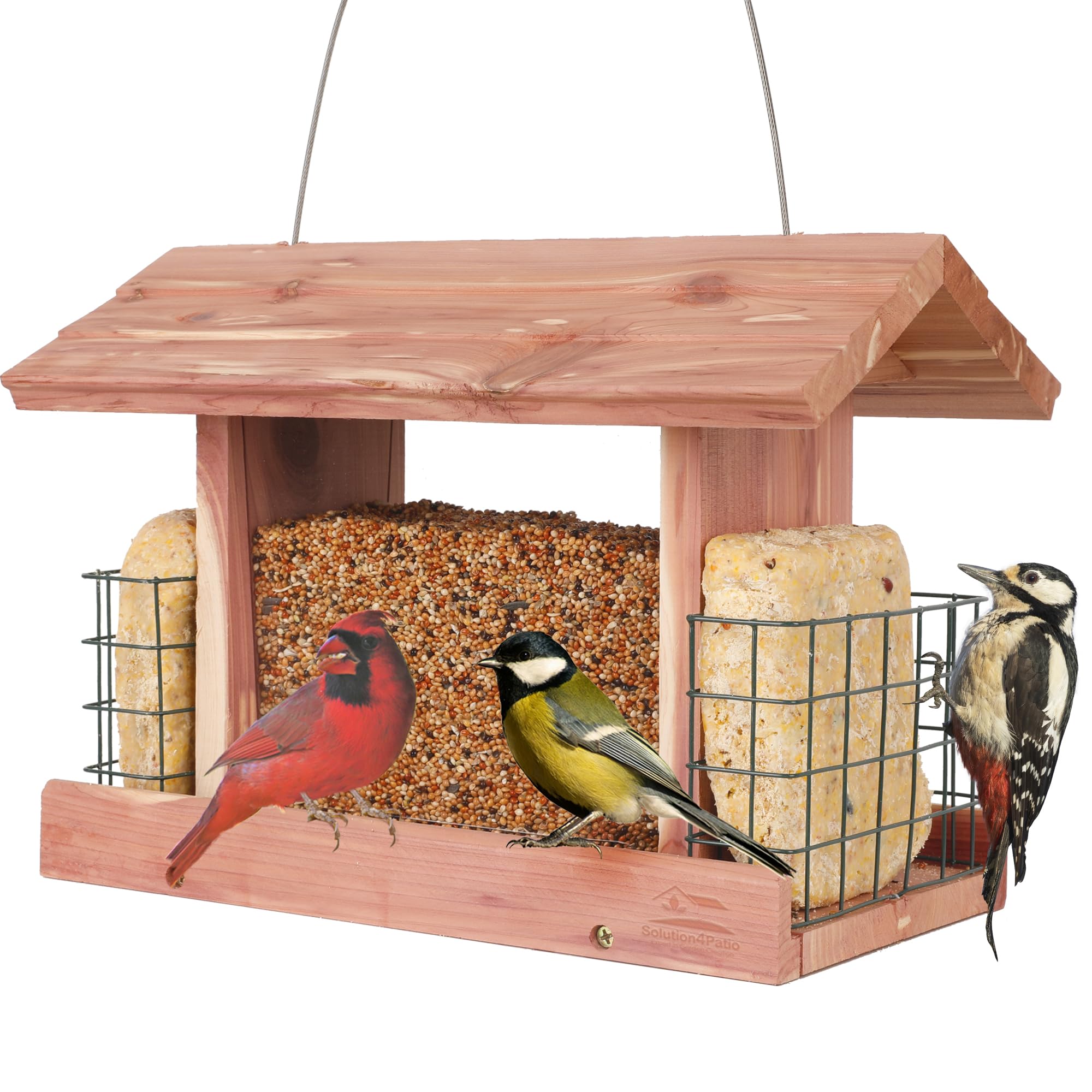 Solution4Patio cedar hopper front view showing four-sided access and birds