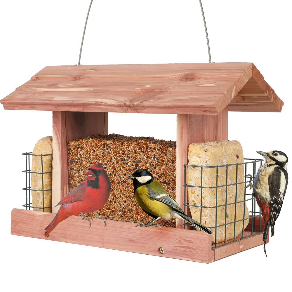 Solution4Patio cedar hopper front view showing four-sided access and birds