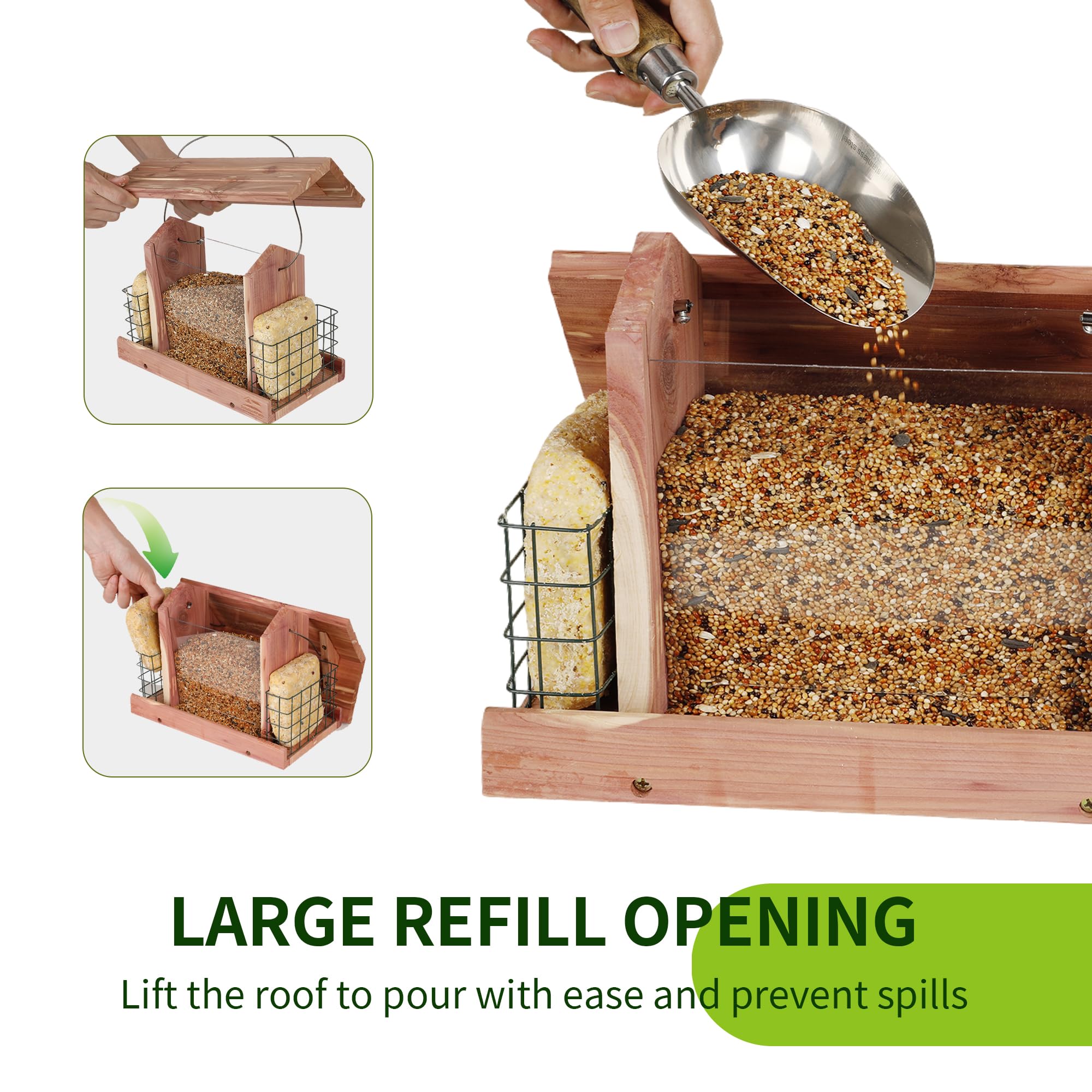 Solution4Patio feeder hung in yard with birds feeding illustrating attraction