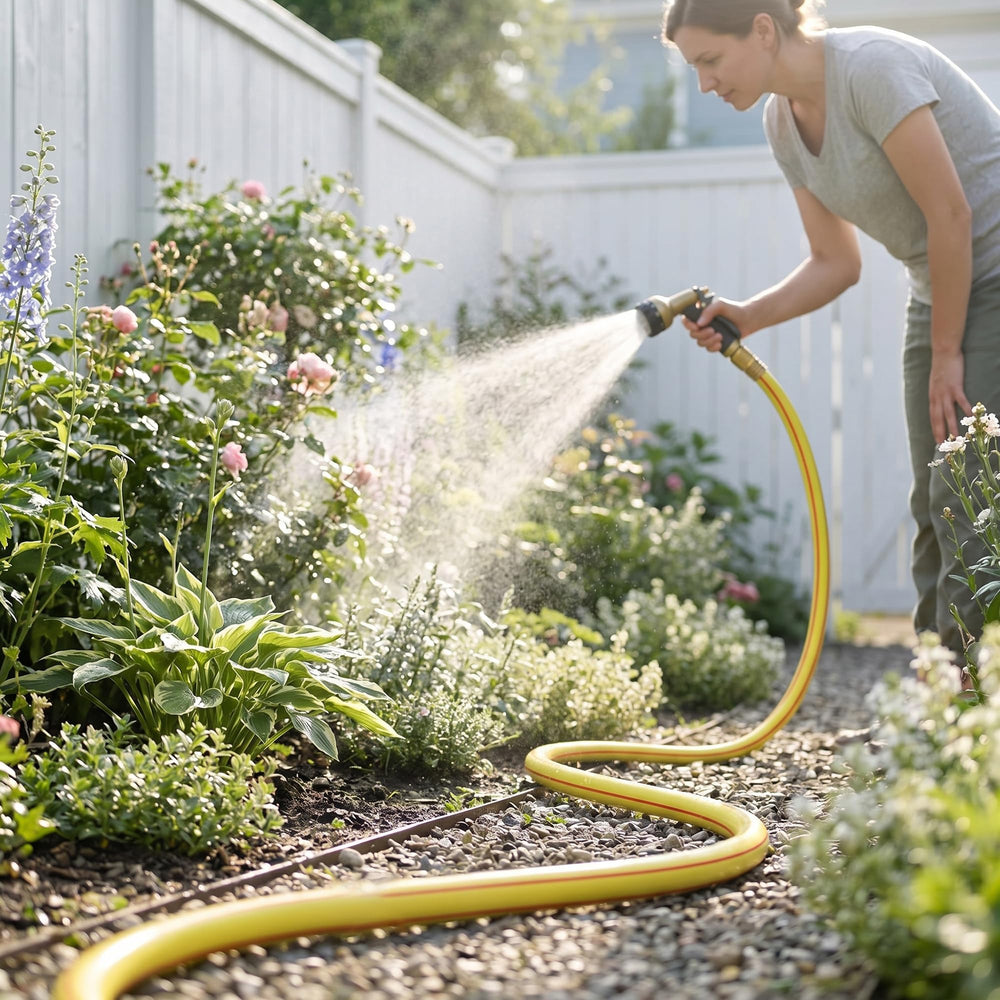 Solution4Patio short leader hose attached to garden faucet in backyard for convenient use