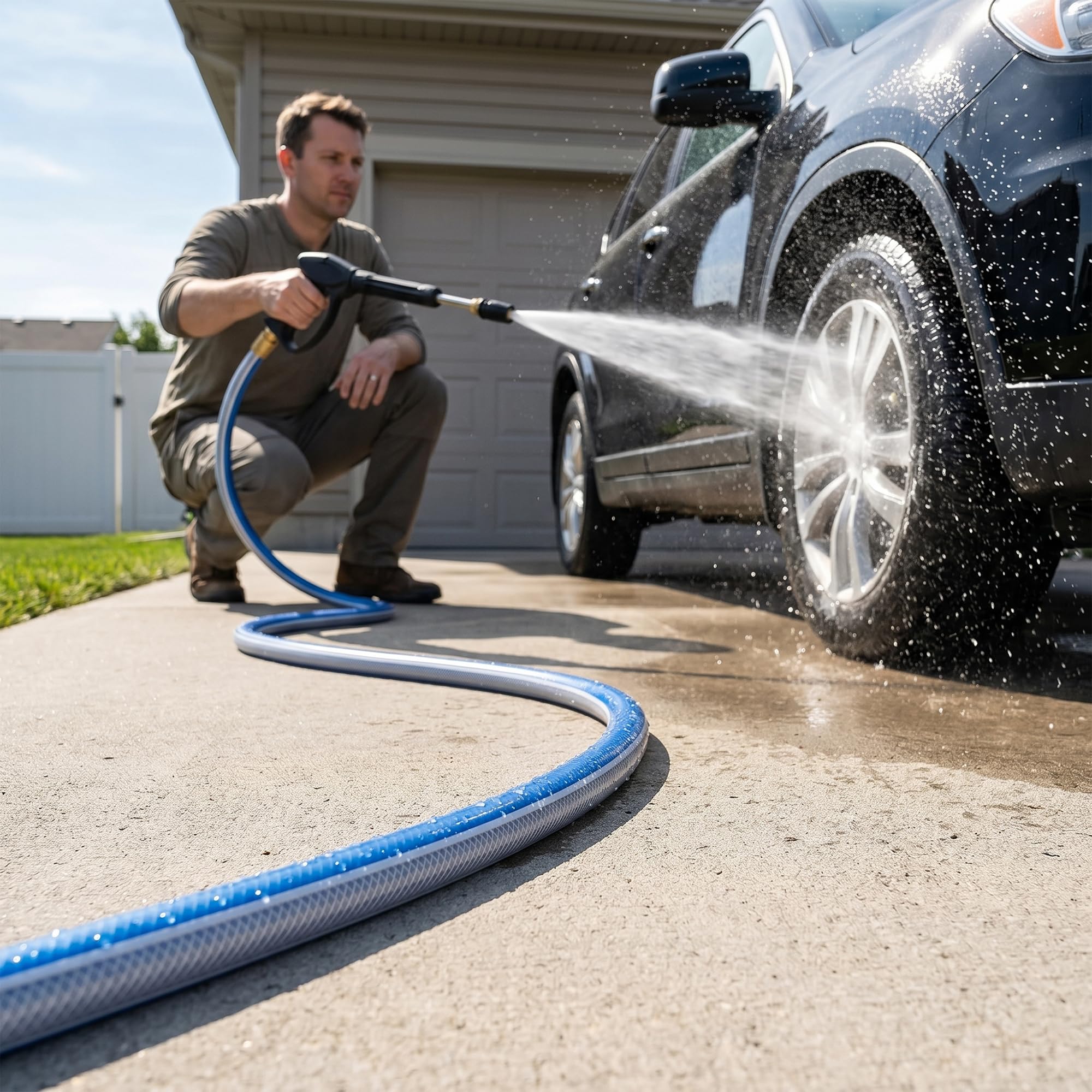 Solution4Patio hand holding 5ft hose to show true size and lightweight benefit