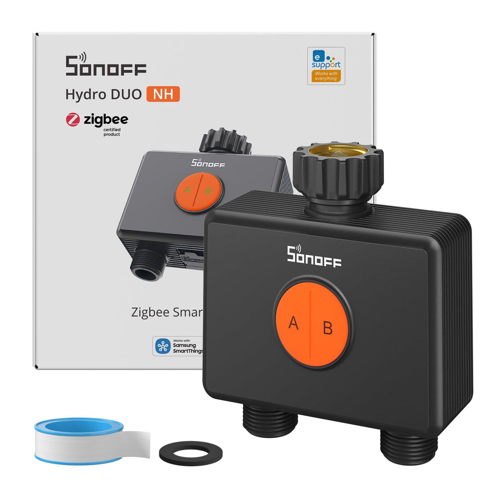 SONOFF Hydro DUO front view showing dual zone outlets and robust design benefit: clear control