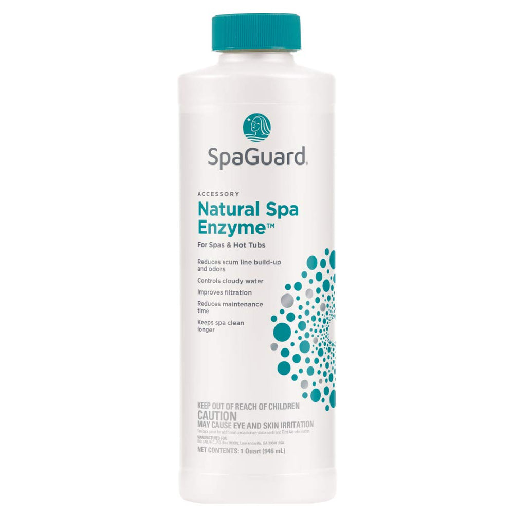 SpaGuard bottle front label showing natural enzyme, keeps water clear