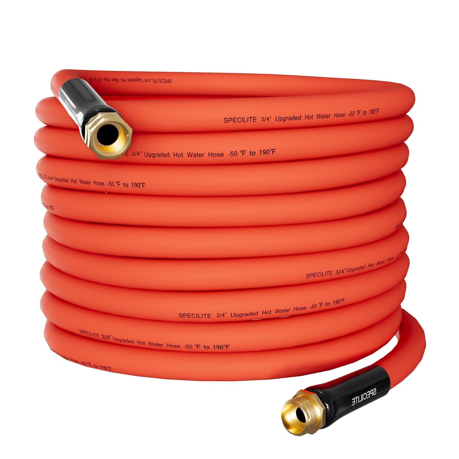 SPECILITE red hose front view showing full 50ft length and durable finish benefit