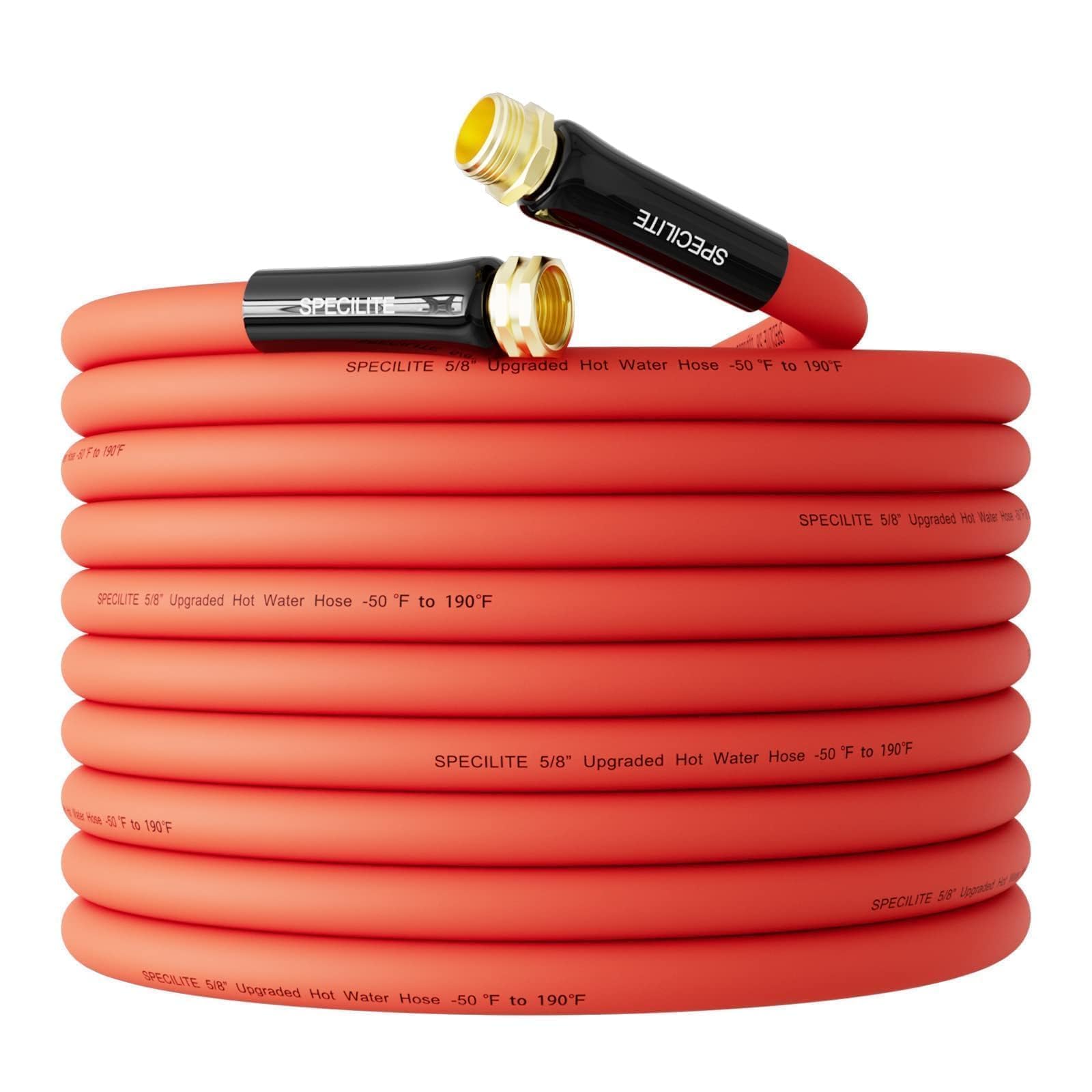 SPECILITE red hose front view showing length and durable finish benefit