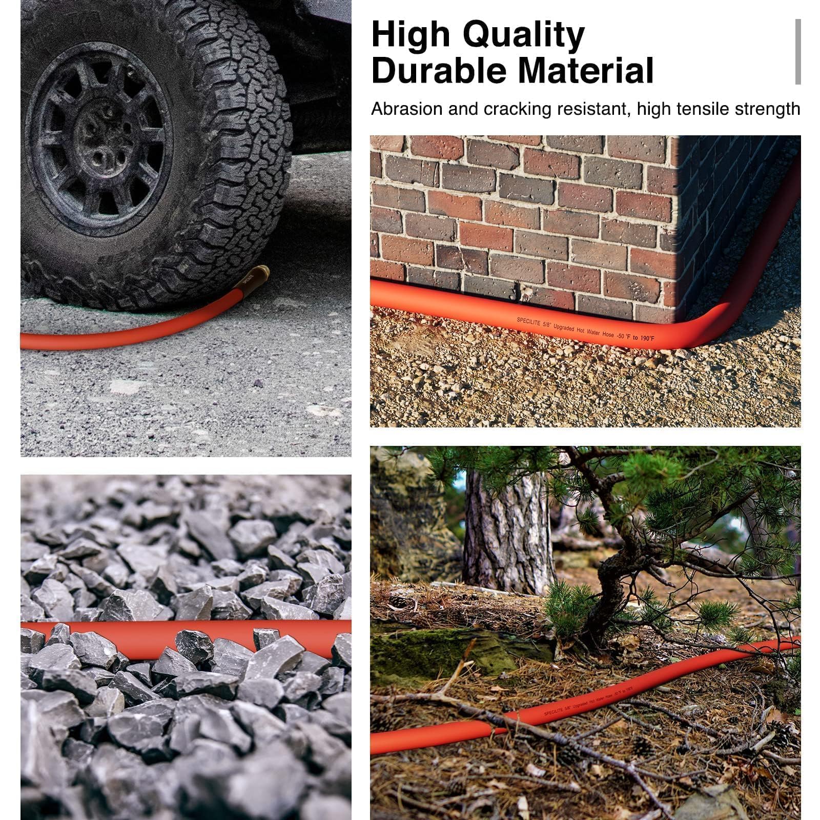 SPECILITE hose beside a foot for scale showing 50ft length benefit