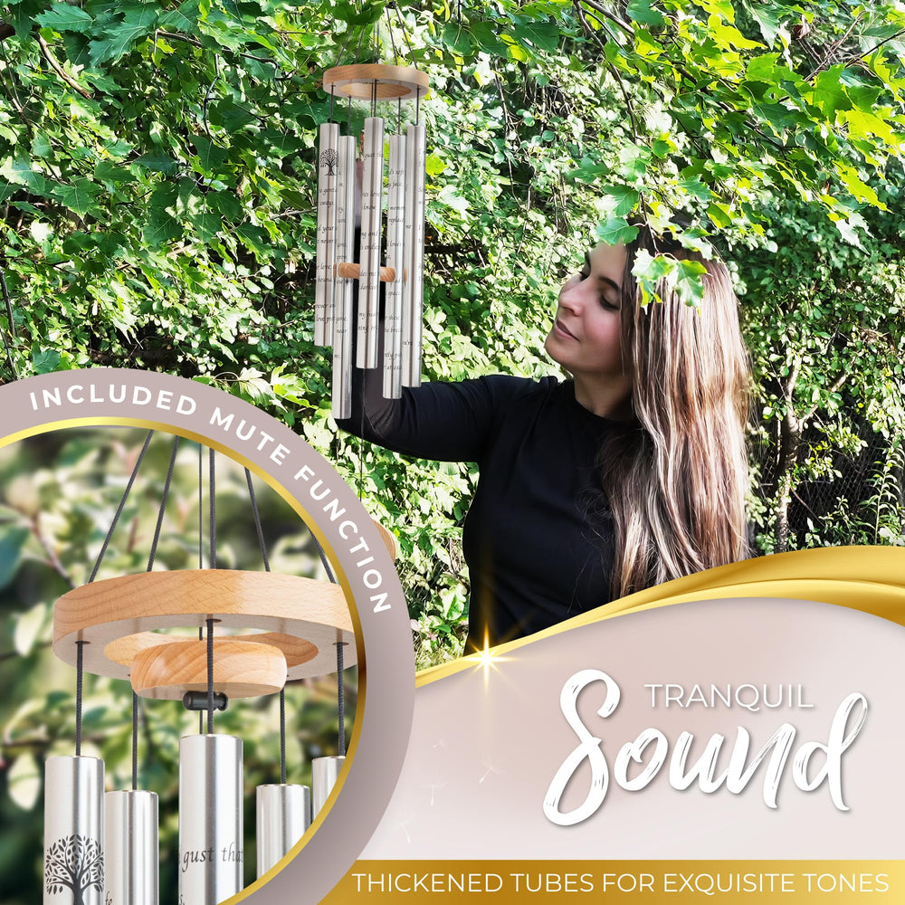 Spiritwind memorial chime hanging on porch creating calming atmosphere outdoors