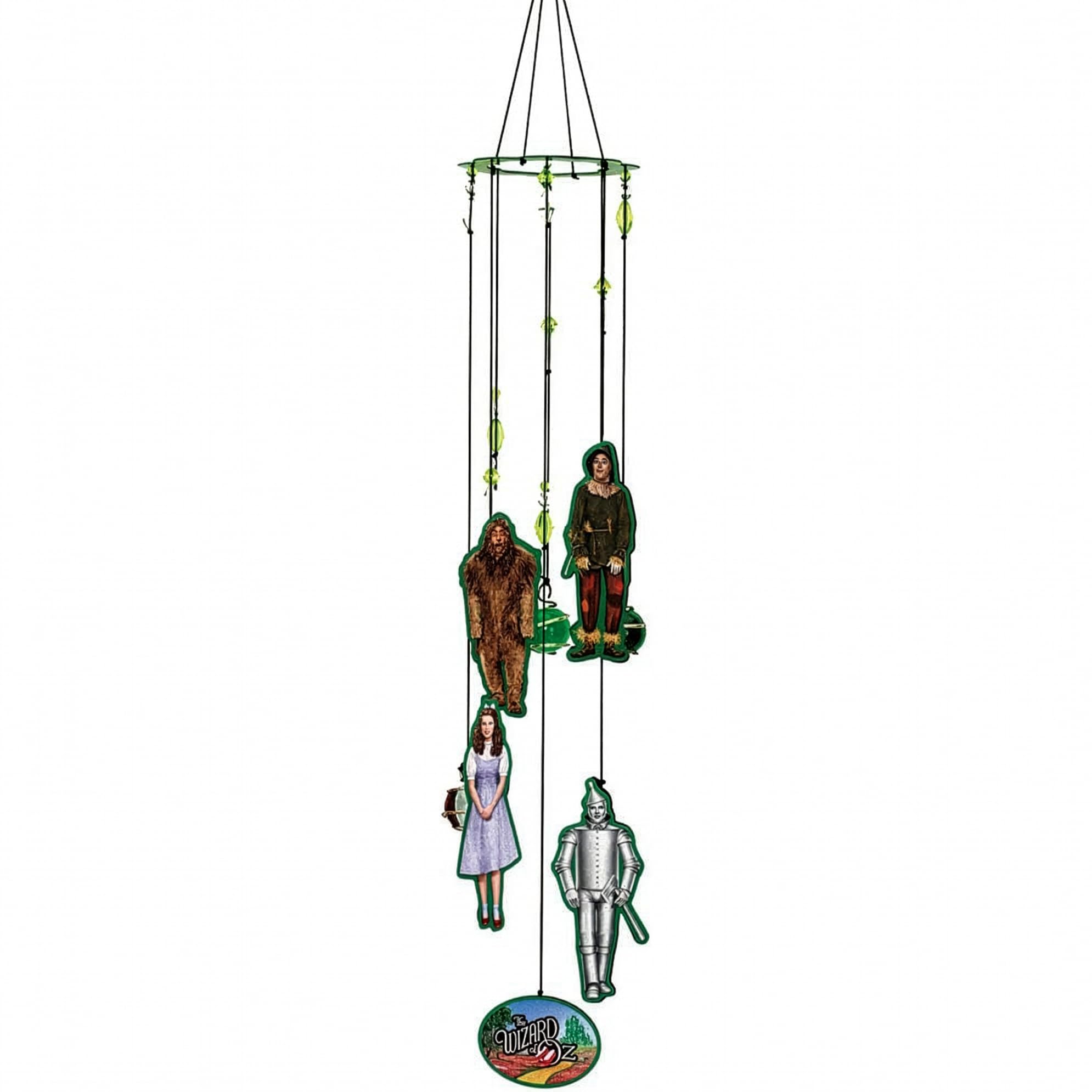 Spoontiques front view of Wizard of Oz wind chime showing themed charms and tubes; decorative focal point