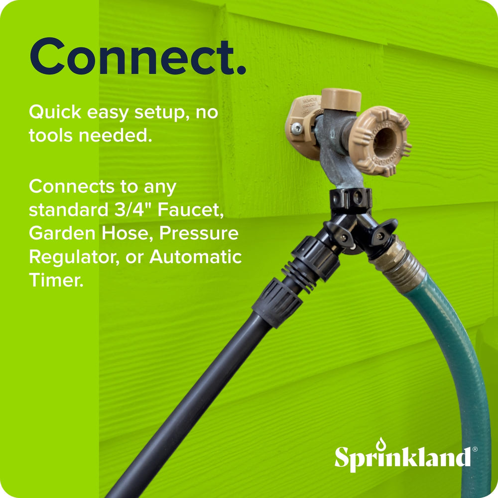 Sprinkland adapter threaded onto outdoor faucet for easy garden hookup