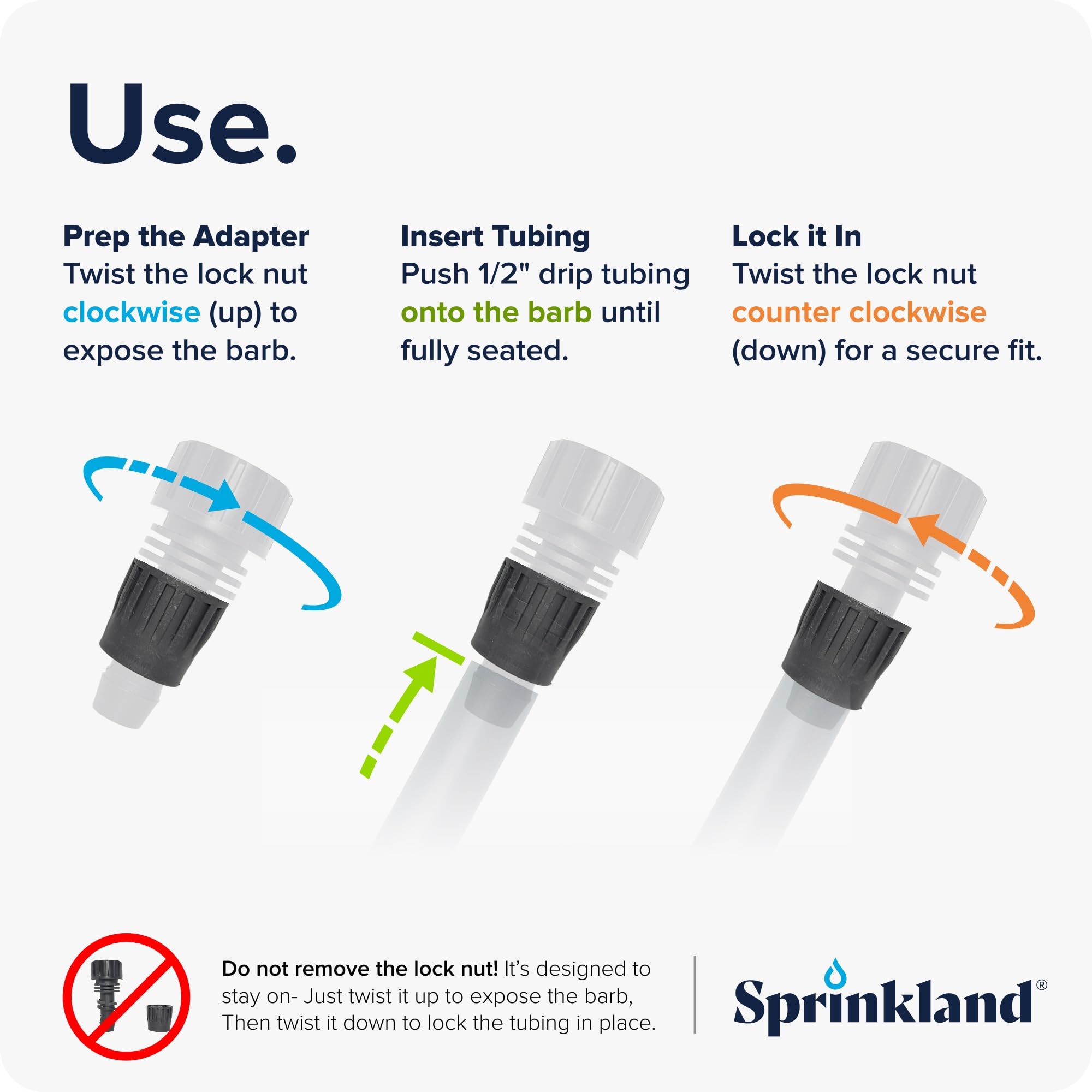 Sprinkland adapter with 1/2" drip tubing pushed on for quick installation