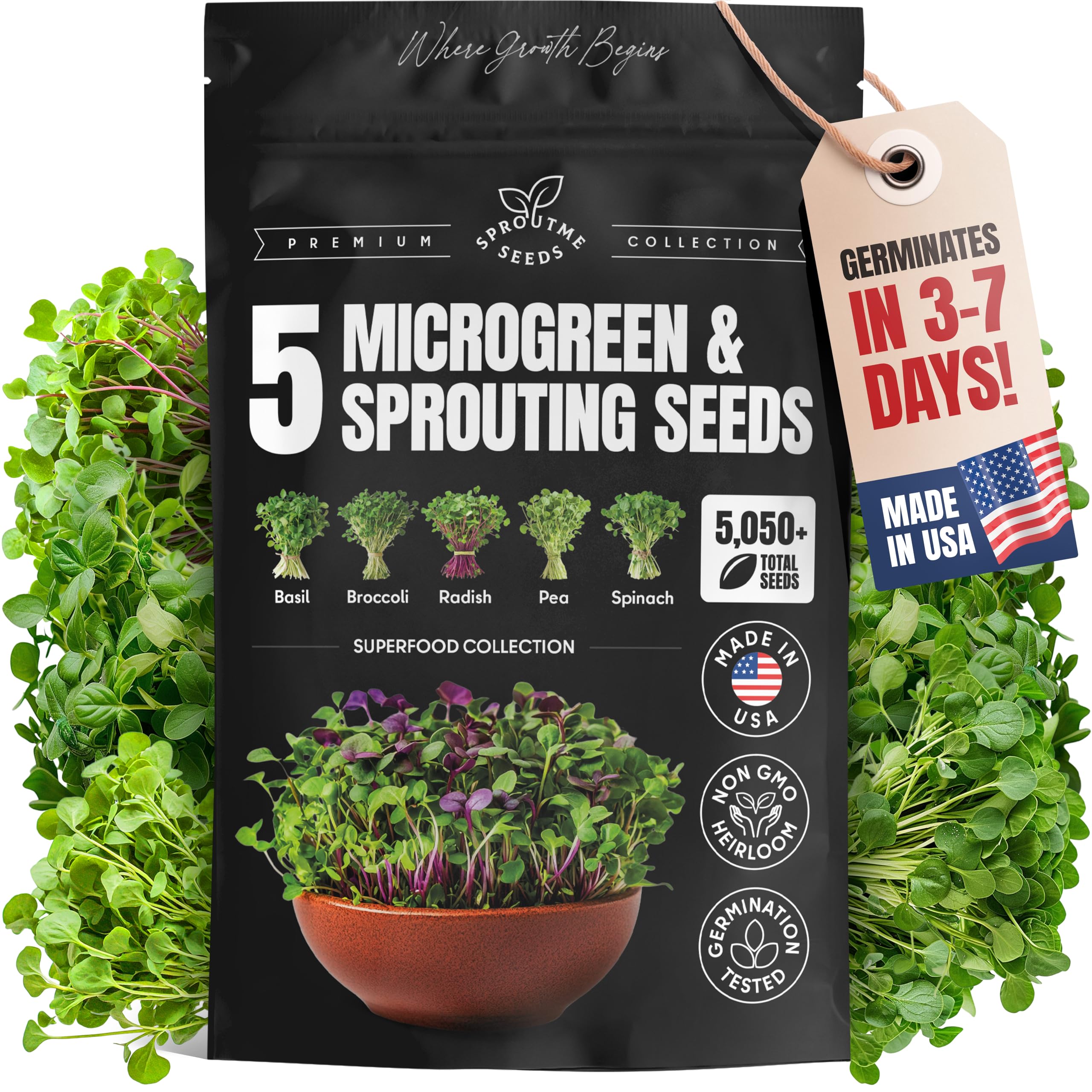 SproutMe Seeds front packaging showing 5-variety mix and seed totals