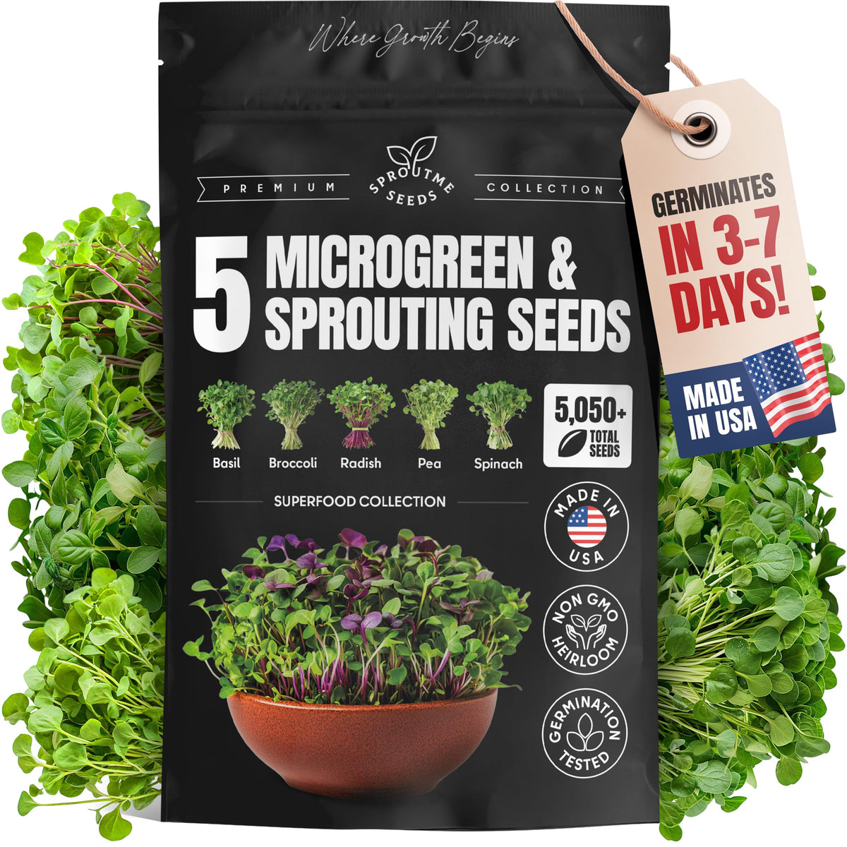 SproutMe Seeds front packaging showing 5-variety mix and seed totals