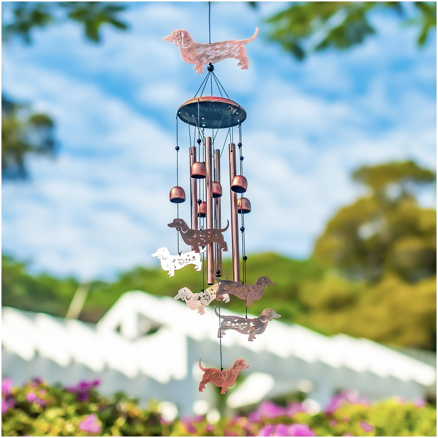 SRDJXY dachshund wind chime hanging on a patio showing relaxing outdoor ambience benefit