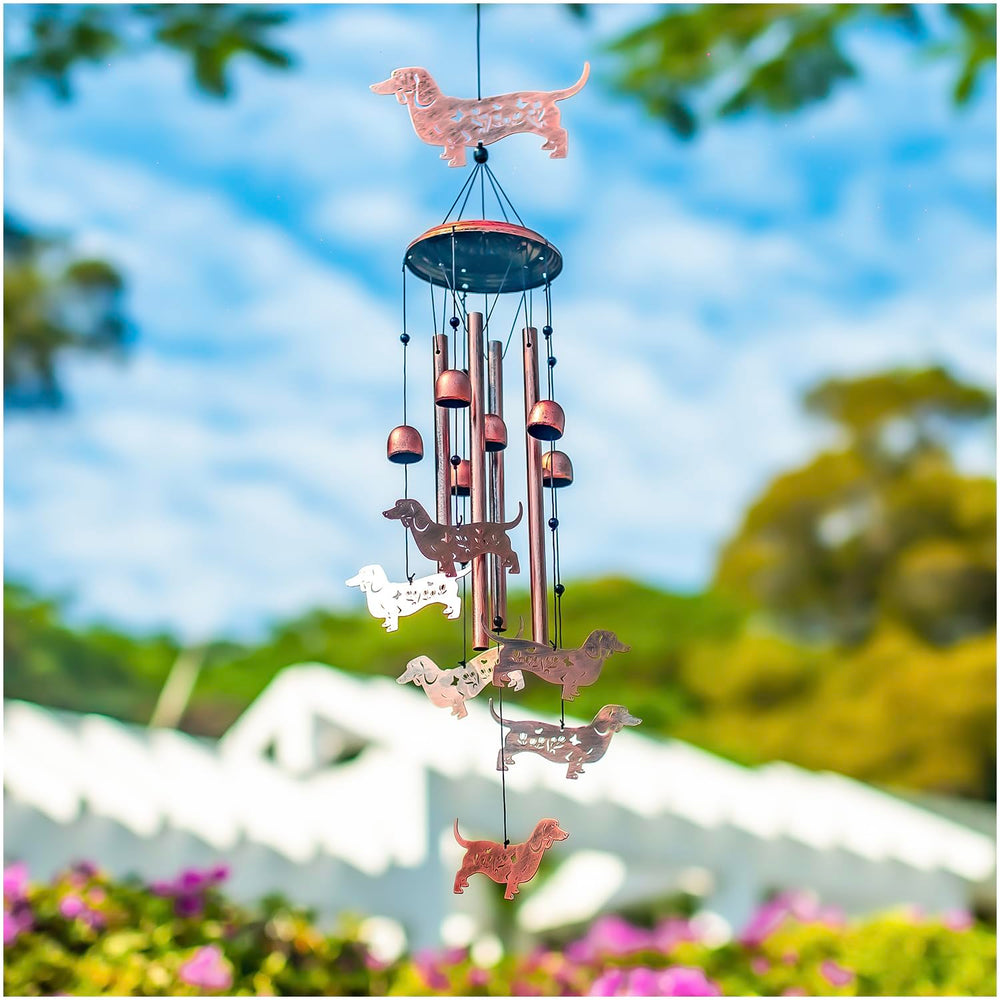 SRDJXY dachshund wind chime hanging on a patio showing relaxing outdoor ambience benefit