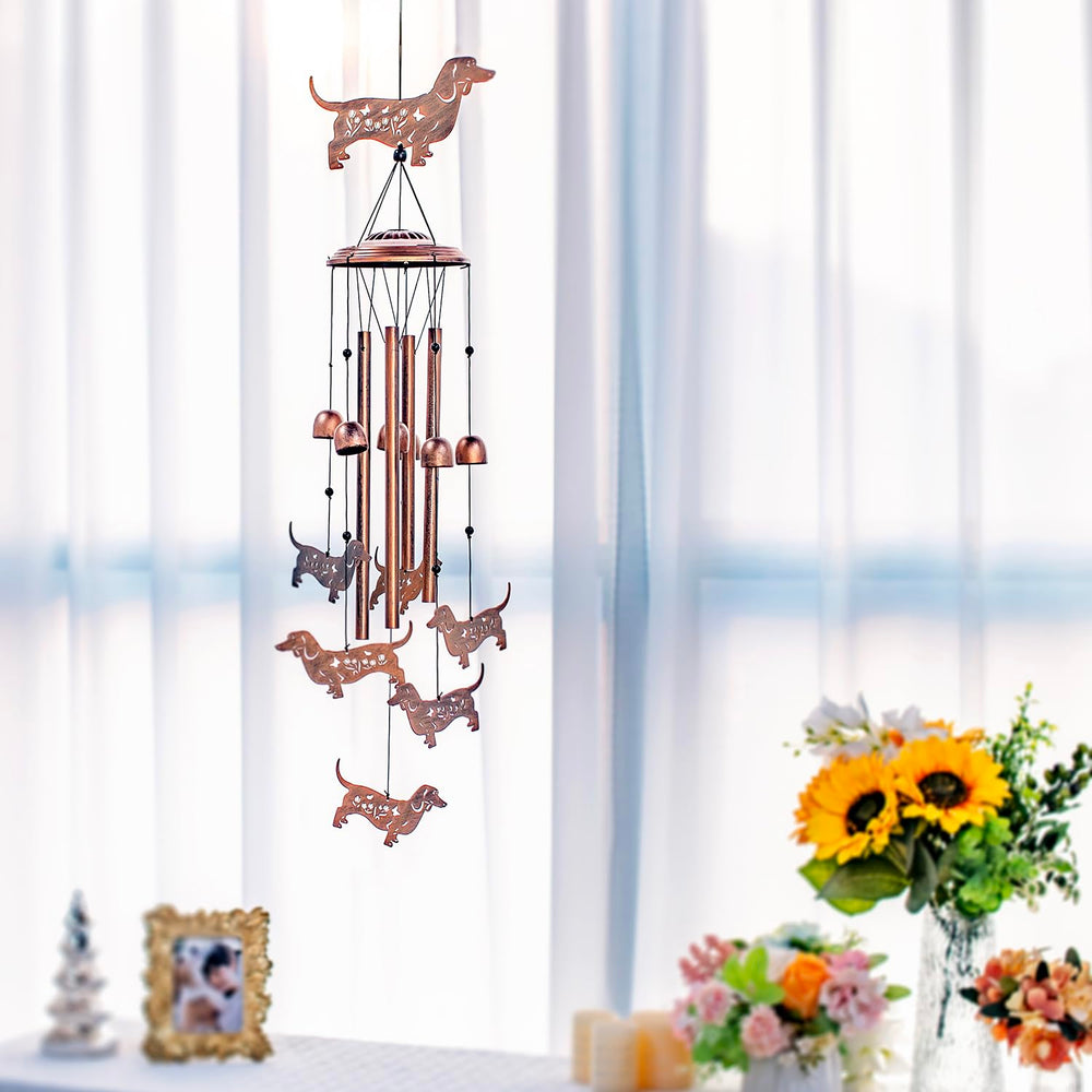 SRDJXY wind chime beside a handrail for scale showing compact size and placement benefit