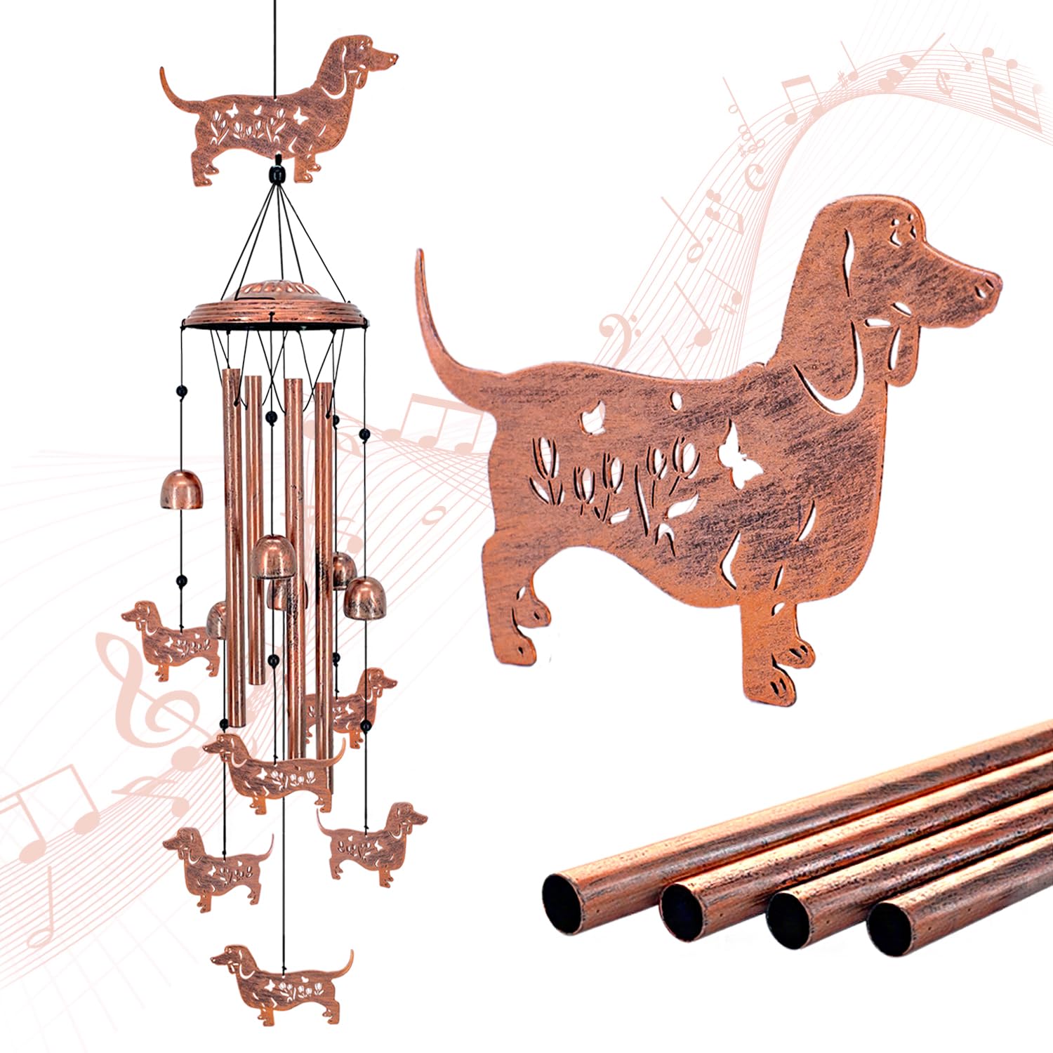 SRDJXY dachshund wind chime front view showing charming silhouettes and benefit of eye-catching decor