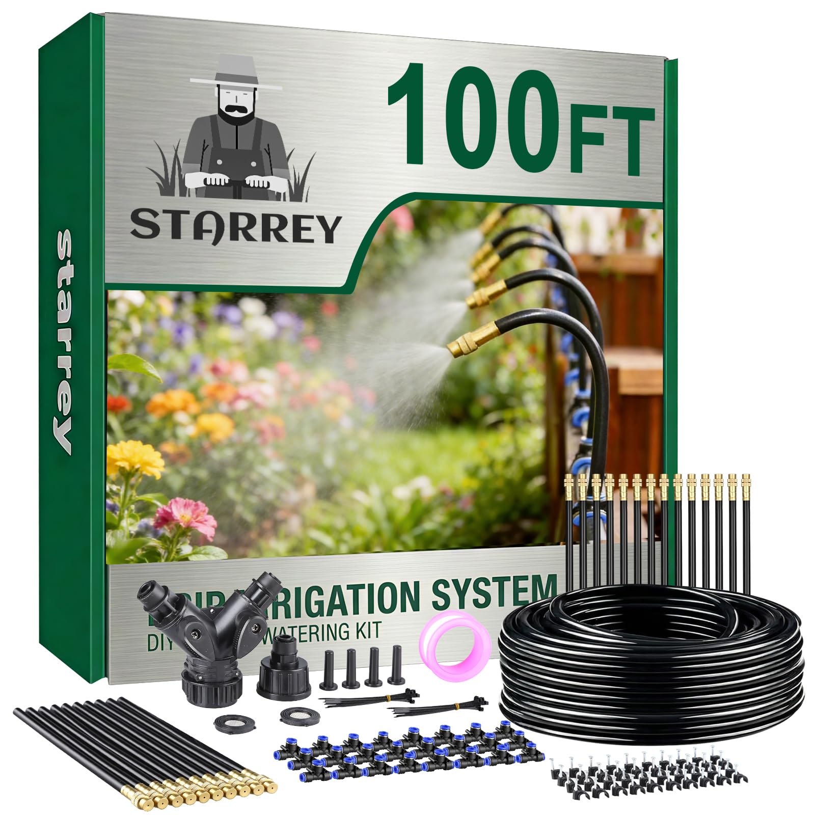 STARREY front packaging showing complete 100ft kit and included components for quick setup