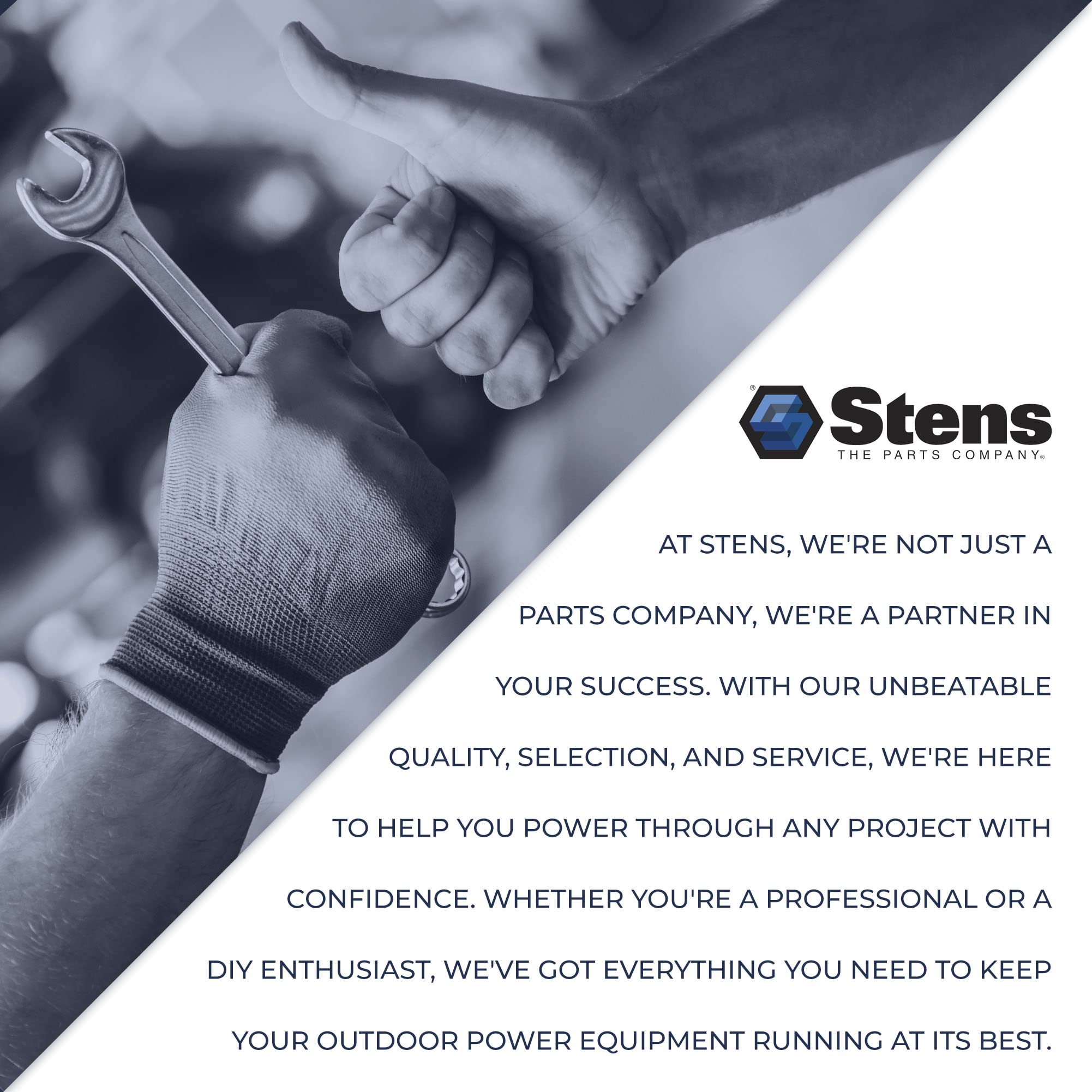 Stens branded bag label close-up showing part number and packaging confidence benefit